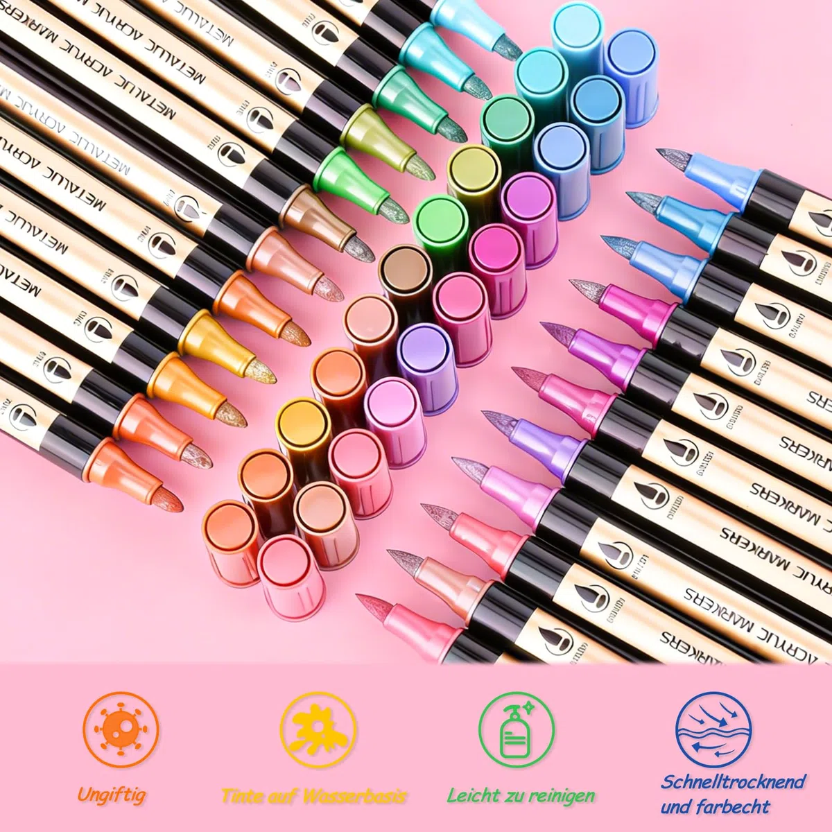 30 Farben Metallic Marker Stifte Set, Dual Tip (Pinsel & Fein) Metallic Acrylstifte für Stoff, Holz, Glas, Glitzerstifte für Gästebuch, Fotoalbum, Scrapbook Zubehör Kunstset