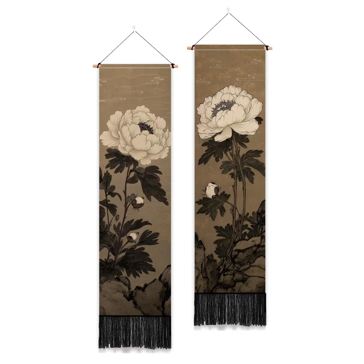 PLIGREAT 2er Pack Japanische Pfingstrose Vertikaler Wandteppich mit Quasten Elegante Blumen Wandbehang für Schlafzimmer Wohnzimmer Warme Lange Schmale Wandbehang Schlafsaal Zimmer Zuhause Kunst Dekor