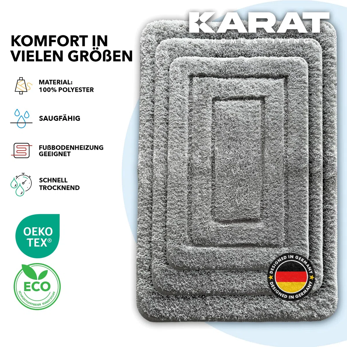 KARAT Badteppich Atlantis - extra flauschig & schnelltrocknend - Badezimmerteppich mit rutschsicherer Rückseite - Badematte Duschvorleger (70 x 120 cm, Silbergrau)
