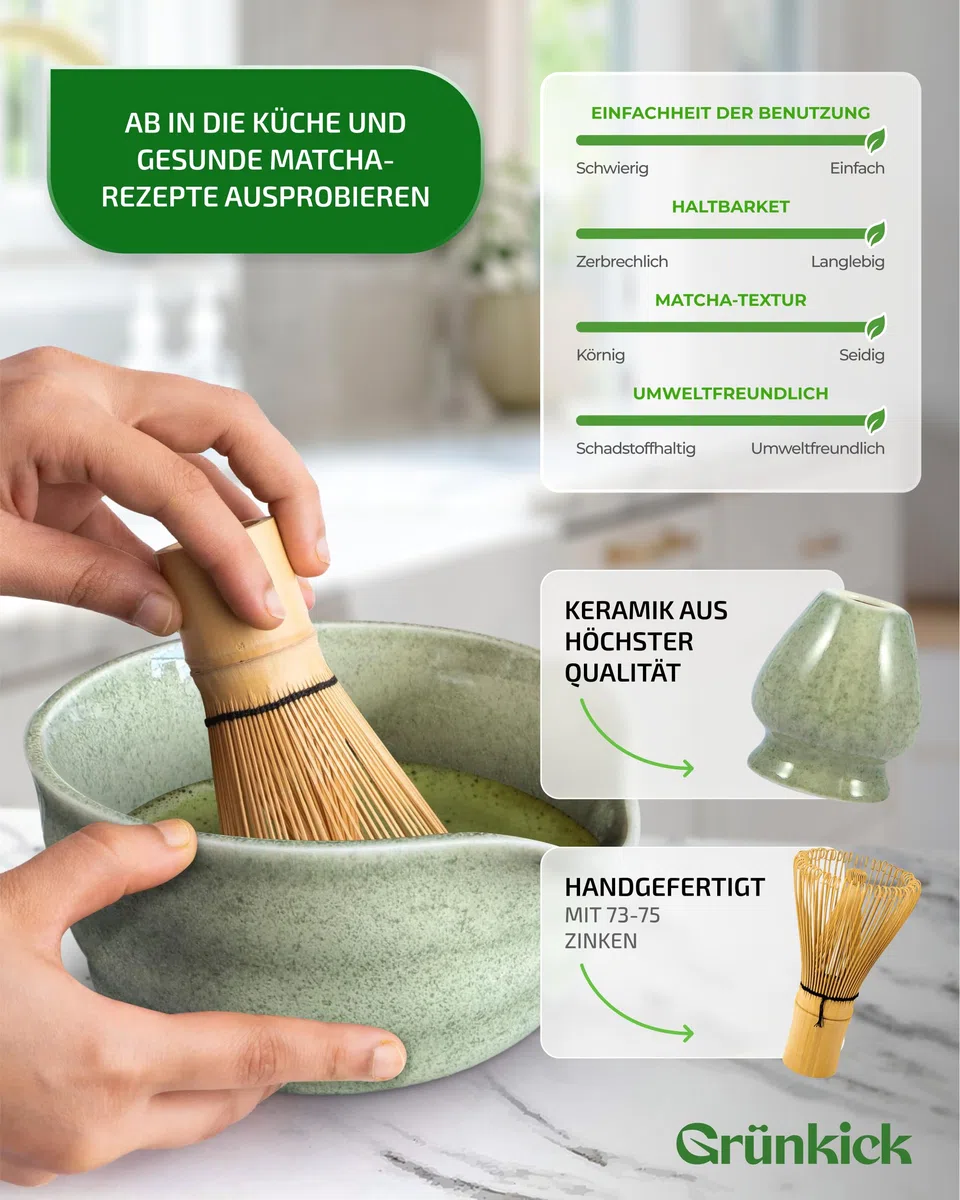 Matcha Set Grün – Premium Matcha Tee Set mit Matcha Schale, Bambus Matcha Besen & Matcha Zubehör - Japanisches Matcha Set für Teezeremonie & Matcha-Latte (Grün)