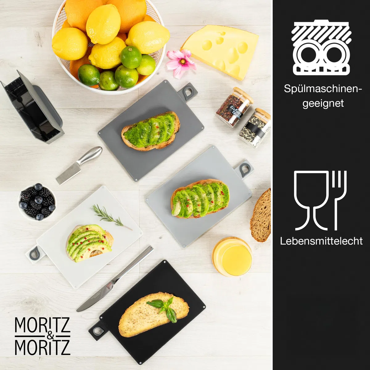 Moritz & Moritz Schneidebrett-Set – 20,5 x 14,5 cm – 4 Stück – rutschfeste Oberflächen, die es Ihnen ermöglichen, Ihre Lebensmittel sicher zu schneiden – Küchenbrett mit Griffen