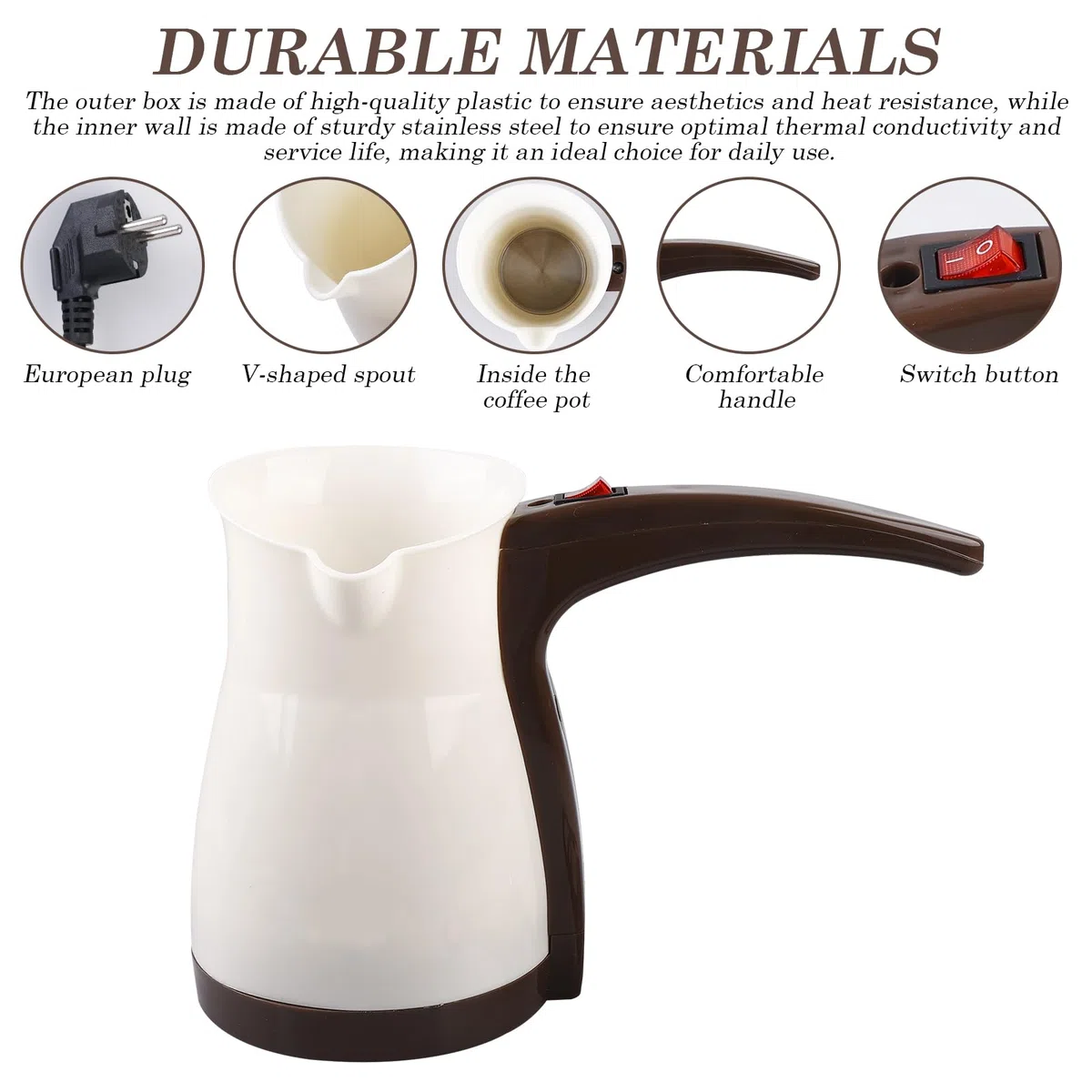Elektrische Türkische Kaffeemaschine, 500ML Edelstahl Turkischer Kaffeekocher mit Handgriff & Schalten, Mokkakanne, Türkischer Mokkakocher, für Familie, Büro - 1000W
