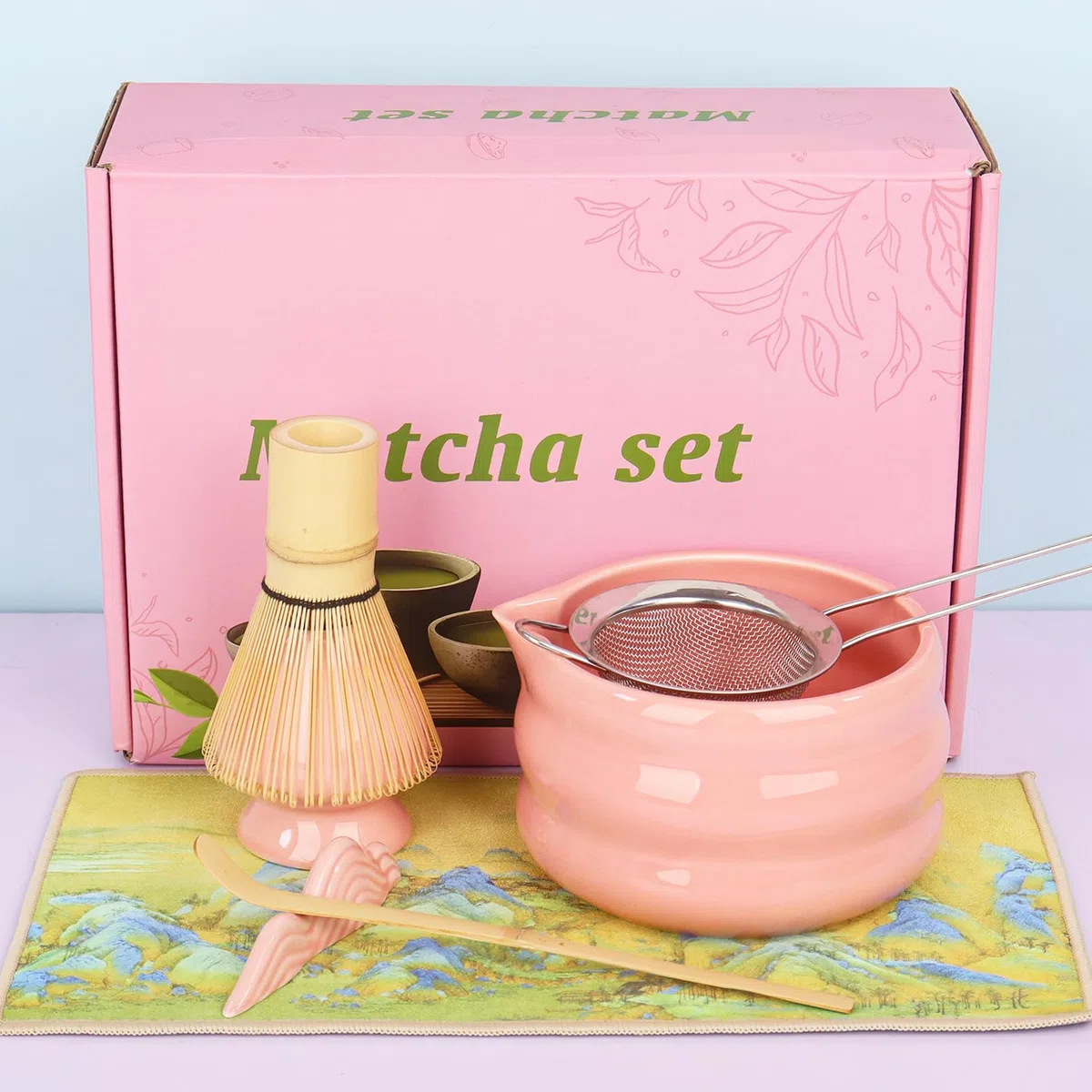 Nwvuop 7 Stück Matcha Set Matcha Besen Set mit Matcha Schale und Sieb Matcha Tee Set Rosa