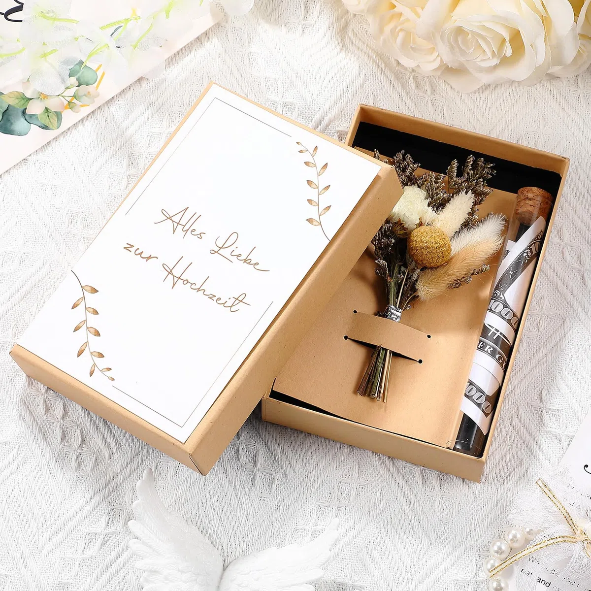 Hestya Hochzeit Geldgeschenk Set Geldgeschenke Hochzeit Verpackungen Hochzeitsgeschenke für Brautpaar Flitterwochen Geschenk inklusive Getrocknete Blumen Besondere Hochzeitskarte Reagenzglas