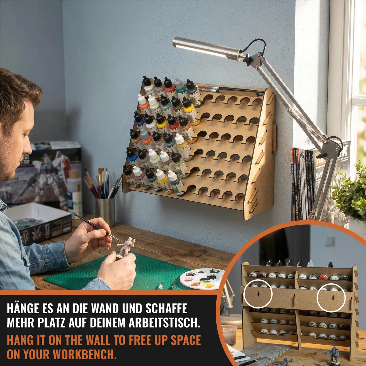 PROSCALE Wand-Farbenregal Farbständer für Tabletop-Farben & Modellbau 26 mm Dropper-Flaschenhalter mit Pinselhalter Kompatibel mit Vallejo, Army Painter, AK