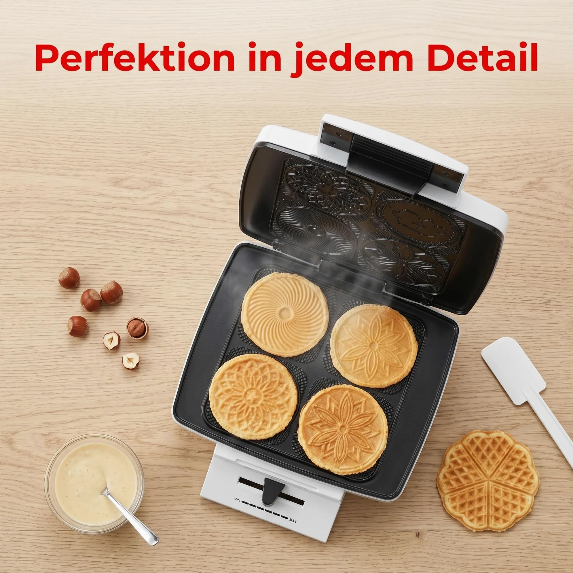 Trisa Bricelet Classique - Schweizer Bretzeli-Eisen 1000W, Premium Hörnchenautomat für 4 Waffeln mit edlen Motiv-Prägungen, Eiswaffel Maker inkl. Hörnchenformer & Rezept auf dem Deckel, Weiß