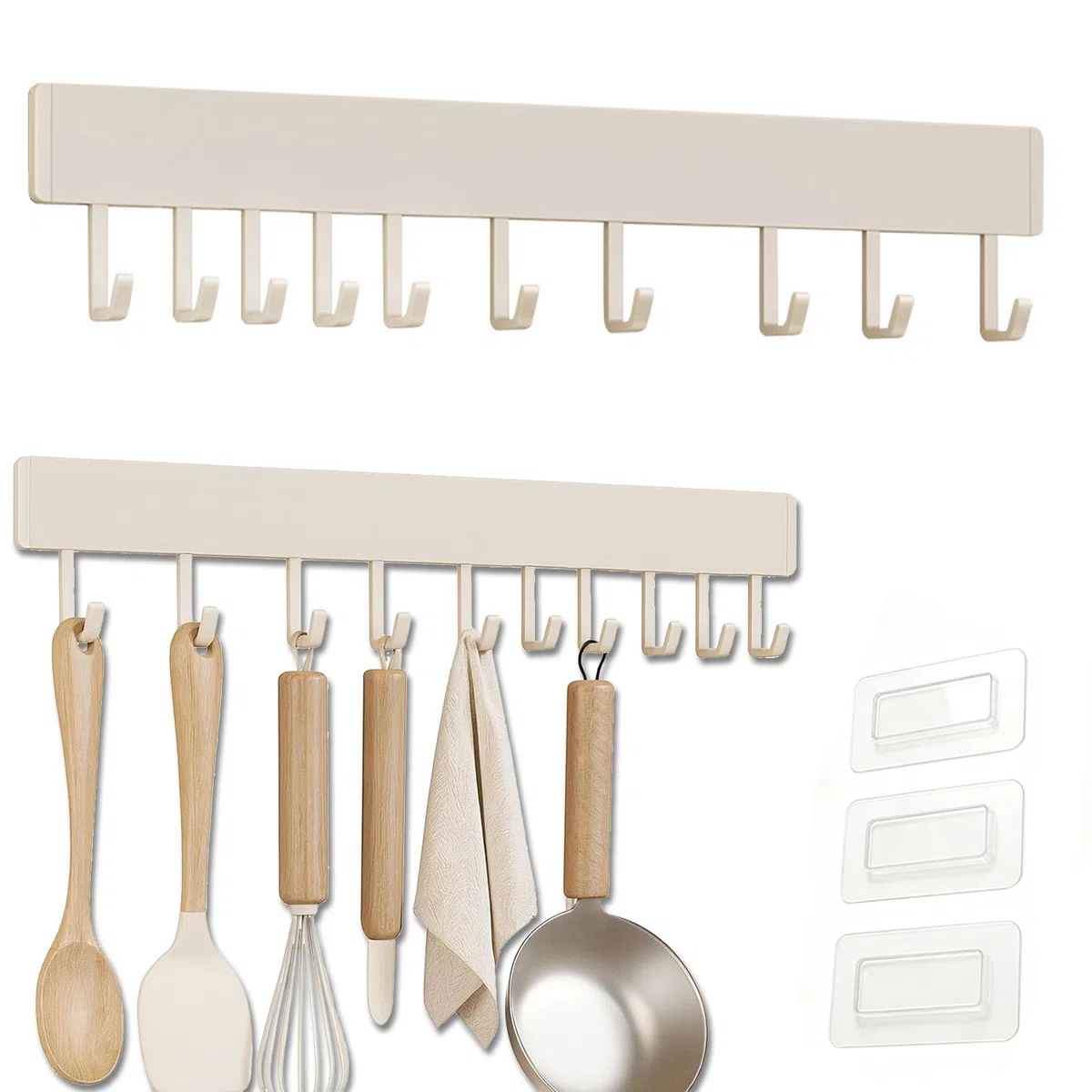 Hakenleiste Küche, 50 cm Hängestange Selbstklebend, Küchenstange mit 10 Beweglichen Haken, Küchenreling aus Aluminium Ohne Bohren, Hängeleiste für Löffel, Schaufel, Küchenutensilien