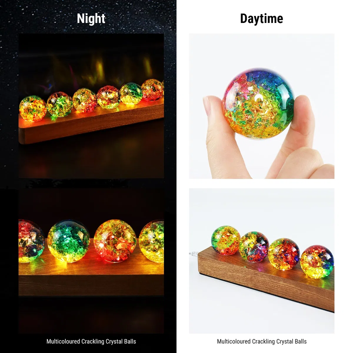 LOSCHEN 7 Bunte Crackle-Kugeln mit LED-Sapele-Holzsockel, dekorative Eiskrackle-Kugeln mit positiver Energie, Set mit natürlichen Heilkugeln für Zuhause, Yoga, Meditation und Geschenke