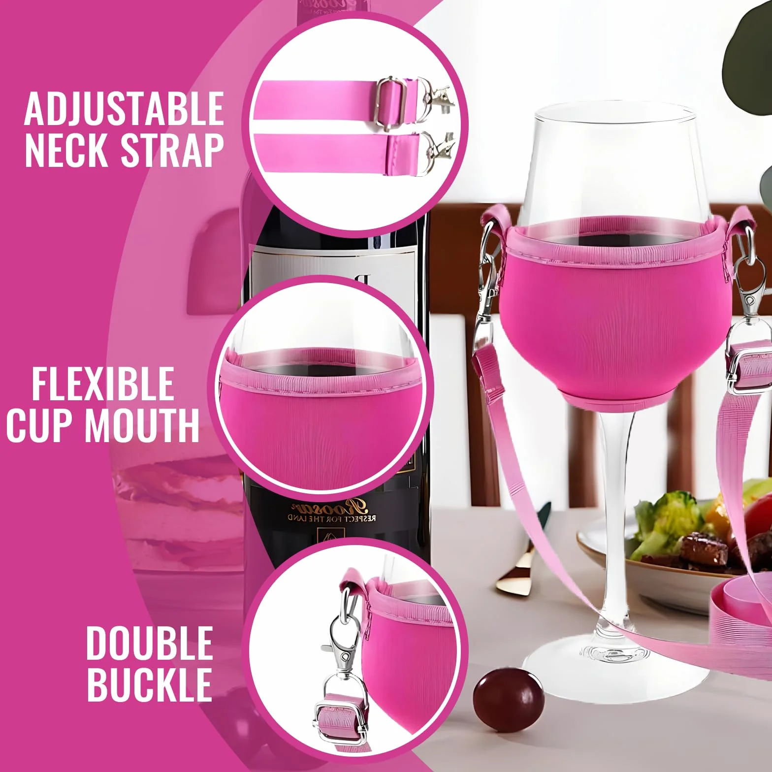 Weinglas Halshalter, 4 Stück Weinglashalter, tragbare Weinglashalter zum Umhängen, für Weihnachten, Geburtstag, Hochzeit, Party (Pink)