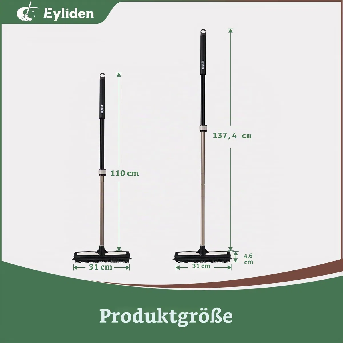Eyliden Gummibesen mit Stiel, 2-in-1 Bodenbürste mit Bodenabzieher & Teleskopstiel (137cm) - Ideal für Teppiche Tierhaare und Hartböden, Besen für alle Böden - drinnen & draußen