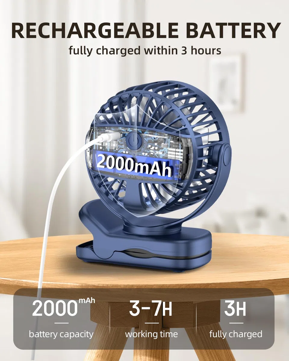 TUNISE USB Ventilator mit Clip, Mini Ventilator 3 Stufen 4,5 m/s, 2000mAh Akku 9,5Std Laufzeit, Tischventilator für Büro Kinderwagen Bett Camping,Blau