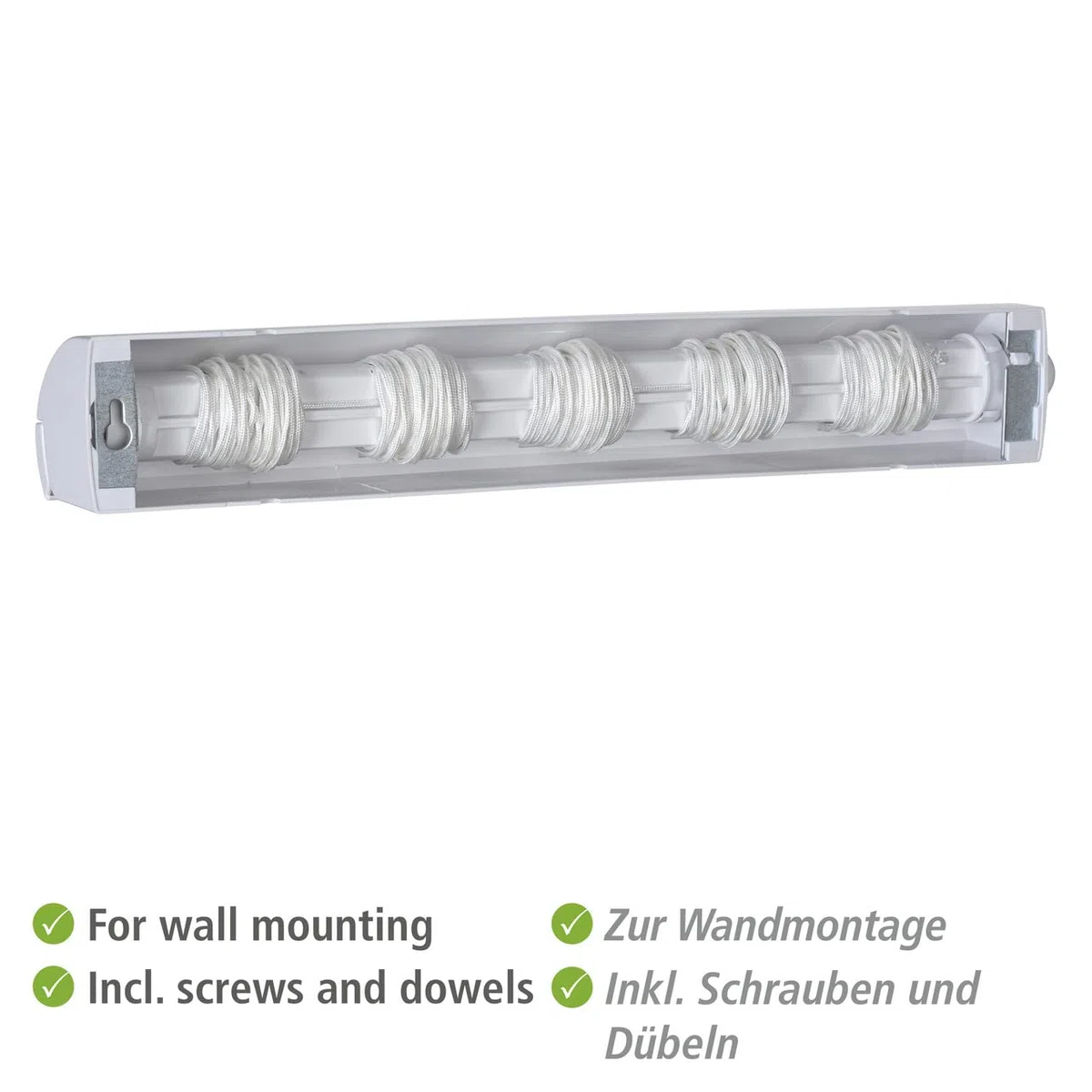 WENKO Wand-Wäscheleinen, 5 Wäscheleinen bis zu 4,20 m stufenlos ausziehbar, praktisches Rollsystem mit Rückzugsperre, wetterbeständig für Balkon und Garten, zur Wandmontage inkl. Befestigungsmaterial