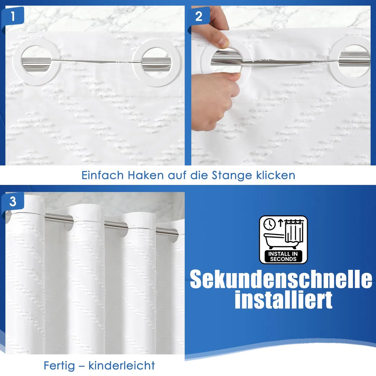 Boho Duschvorhang ohne Haken, 180 x 190 cm, Getuftetes Chevron-Design, Wasserdicht, Minimalistisches Gewebe, 10 Verstärkte Schlitzösen, Hotel Spa Stil, Maschinenwaschbar, Weiß