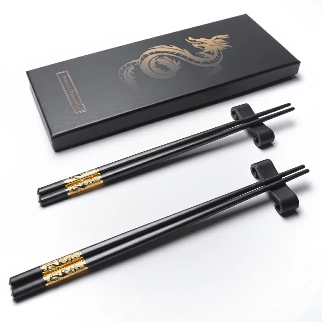Youda Essstäbchen Wiederverwendbar – 2 Paar Drachen-Design mit Halter & Tragetasche, Premium Japanische & Chinesische Essstäbchen, Traditionelles Stilvolles Geschenkset für Erwachsene & Familie