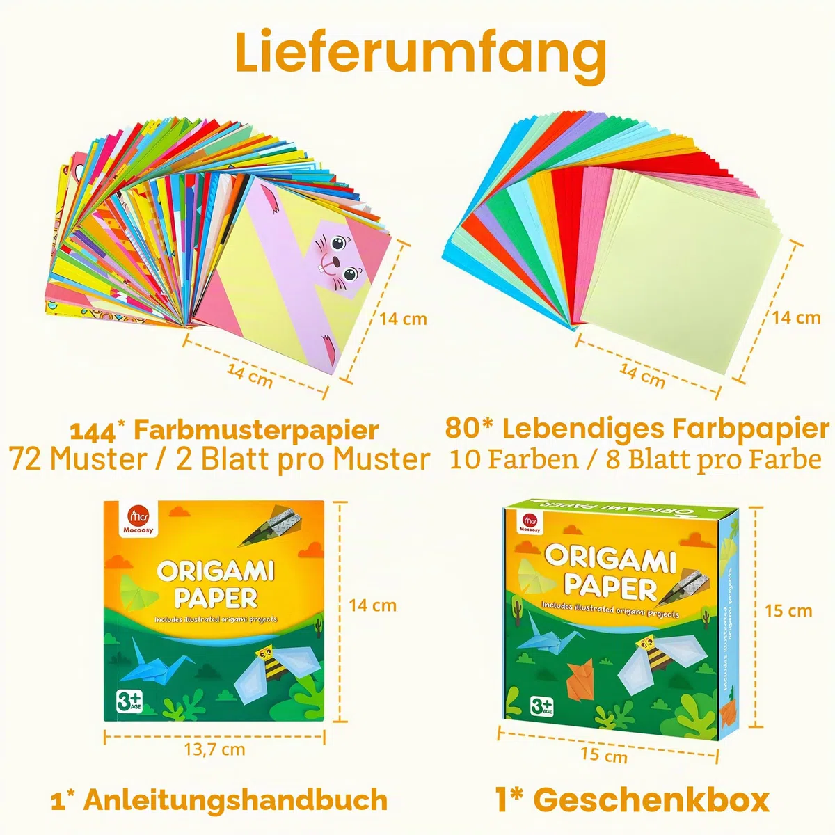 Mocoosy Origami-Papier-Set für Kinder, 224 Blatt doppelseitiges Origami-Papier mit Video-Tutorials und Anleitungsbuch, Origami mit 72 Mustern, Kunst Bastelset für Kinder Geschenk für Mädchen Jungen