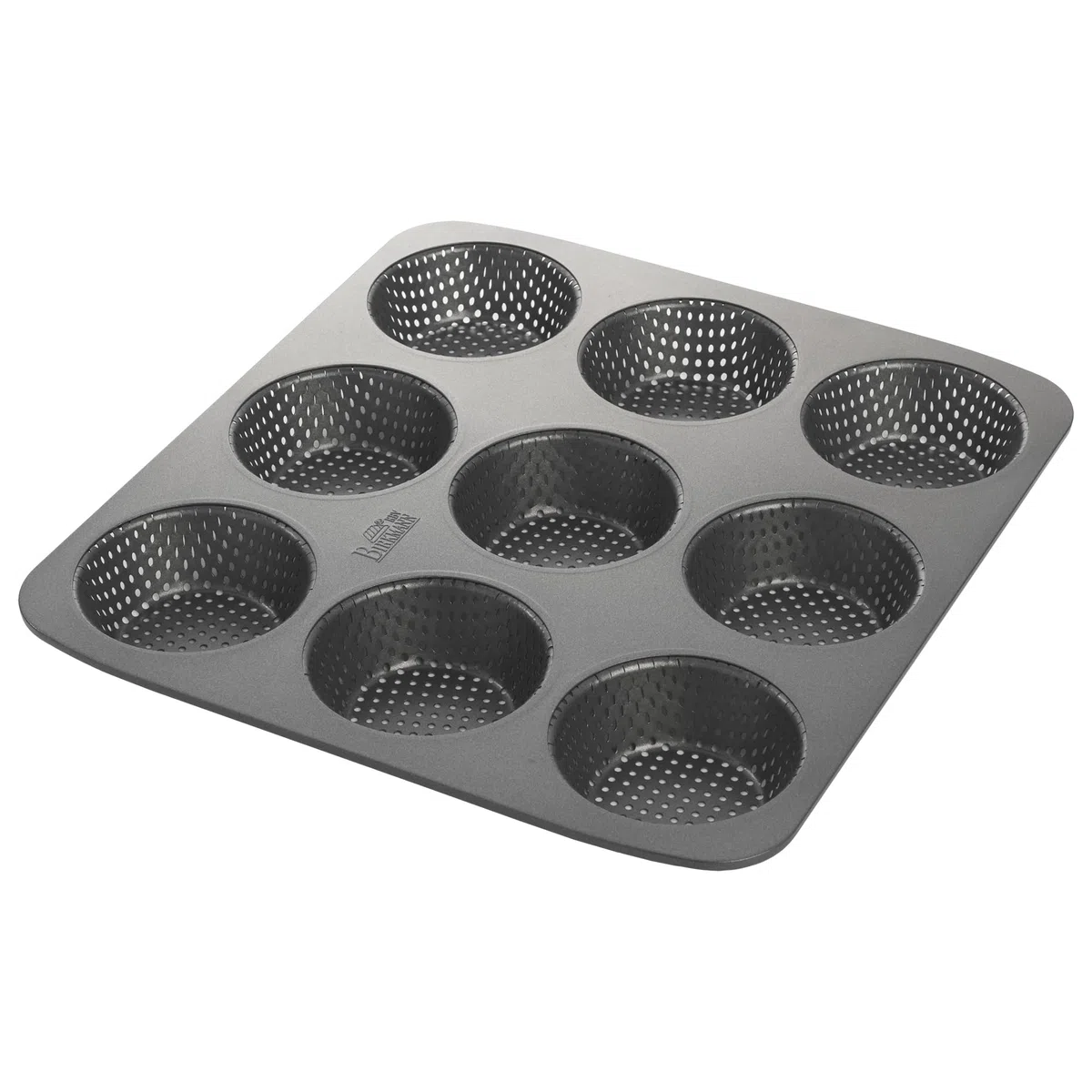 Birkmann Brötchenblech Laib & Seele, perforierte Brotbackform für 9 Brötchen, Burger Buns, Semmeln & Hot Dog Brötchen, Karbonstahl Antihaft Lochblech mit Mulden, Grau | 32x30x3cm, Ø9cm