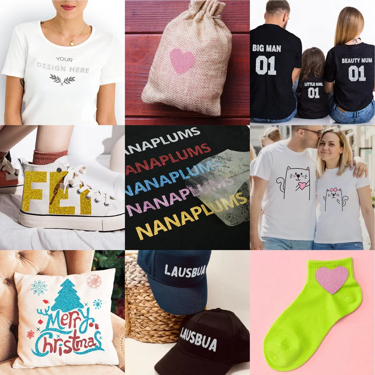 NANAPLUMS Glitzer Plotterfolie Textil - Heat Transfer Vinyl 30.5 cm*25.4 cm Transferfolie Plotter Flexfolie für Textilien Transferfolie zum Aufbügeln für DIY T-Shirt, Stoffe(10 Farben Glitzer)