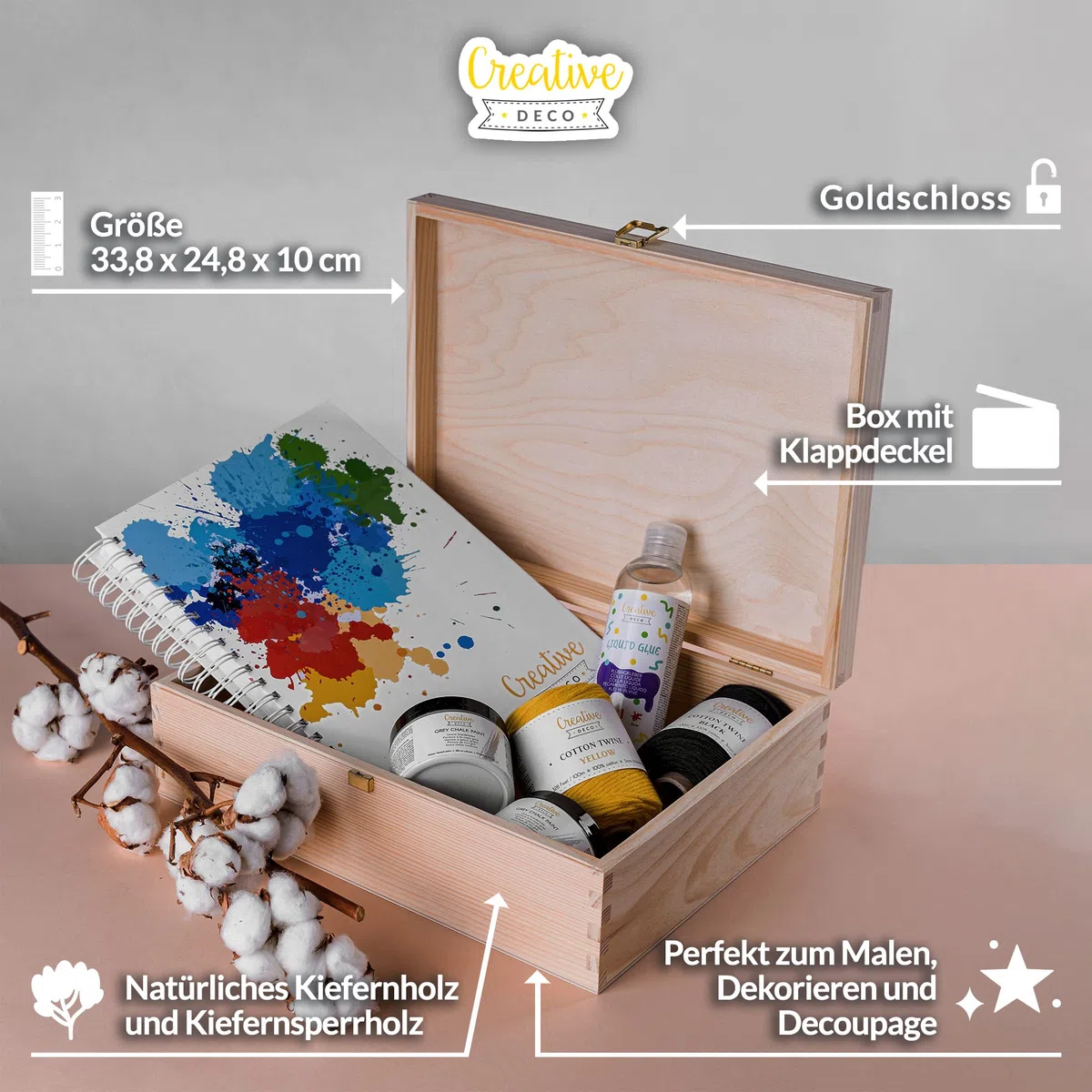 Creative Deco A4 Holzkiste mit Deckel | 33,8 x 24,8 x 10 cm (+/- 1 cm) | Unlackierte Aufbewahrungs-Box | Große Schatulle | Große Holzbox Ideal zur Lagerung der Wertsachen, Spielzeugen und Werkzeugen