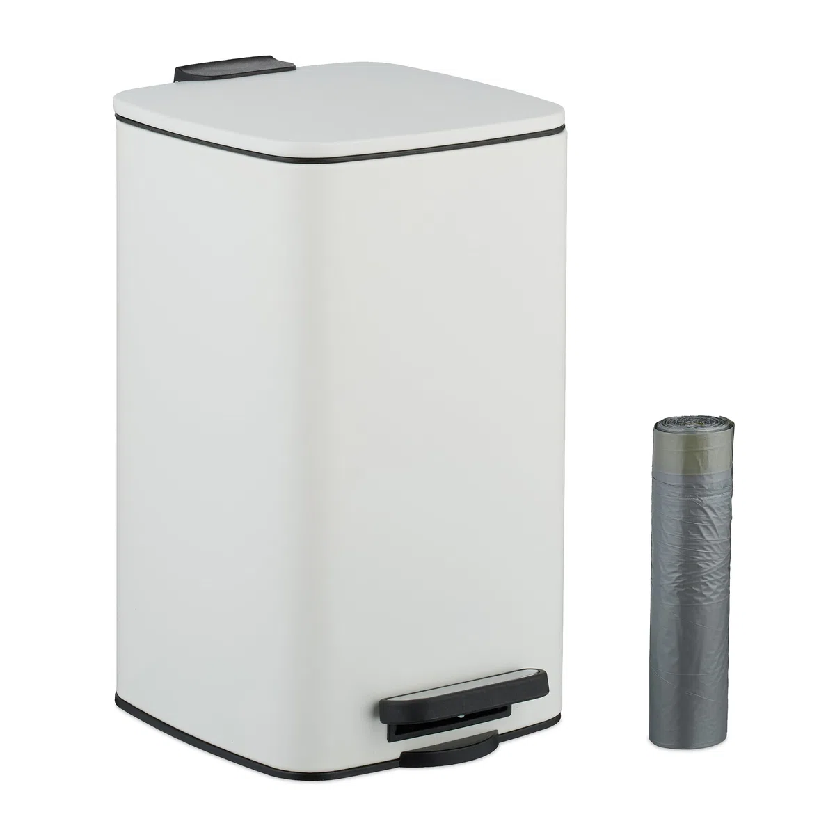 Relaxdays Kosmetikeimer, 8 L, Absenkautomatik, entnehmbarer Inneneimer, Metall, Bad Mülleimer, inkl. Müllbeutel, weiß