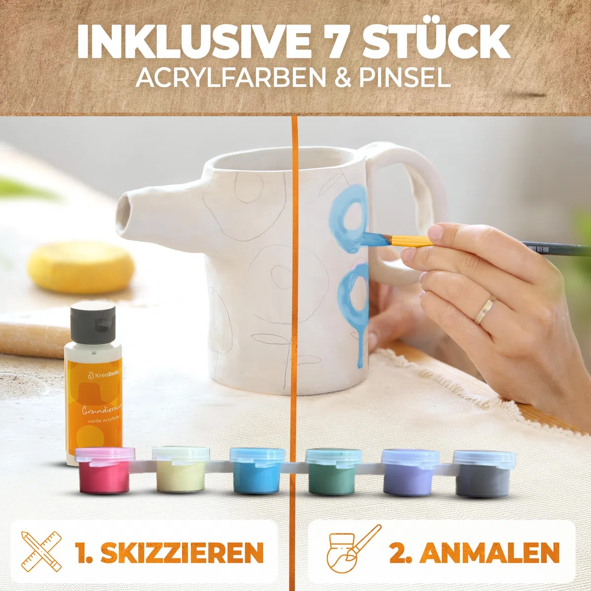 Töpferset für Einsteiger – 17-teiliges Keramik- und Modellierset mit Werkzeugen, Farben & Ton – Mini Set zum Töpfern inkl. Acrylfarben, Pinsel, Tonmasse & Zubehör von KreaBella