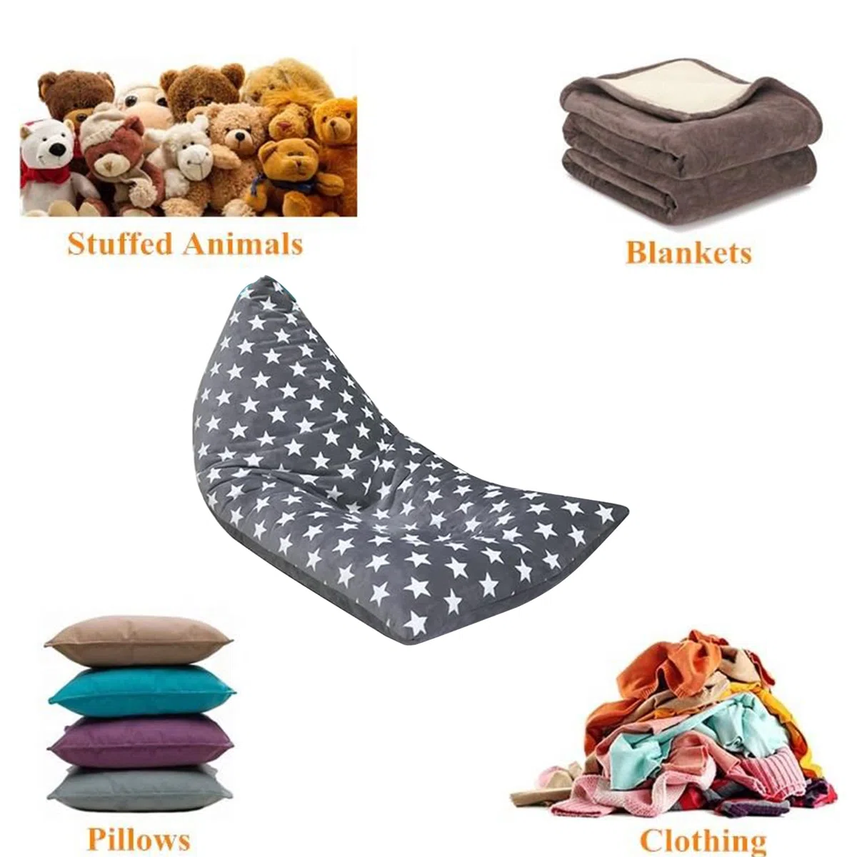 Sitzsack-Bezug für Stofftiere, groß, dreieckig, für die Organisation von Plüschtieren, Kindern, Kleinkindern, Uni, 127 x 72 x 72 cm, bunte Streifen