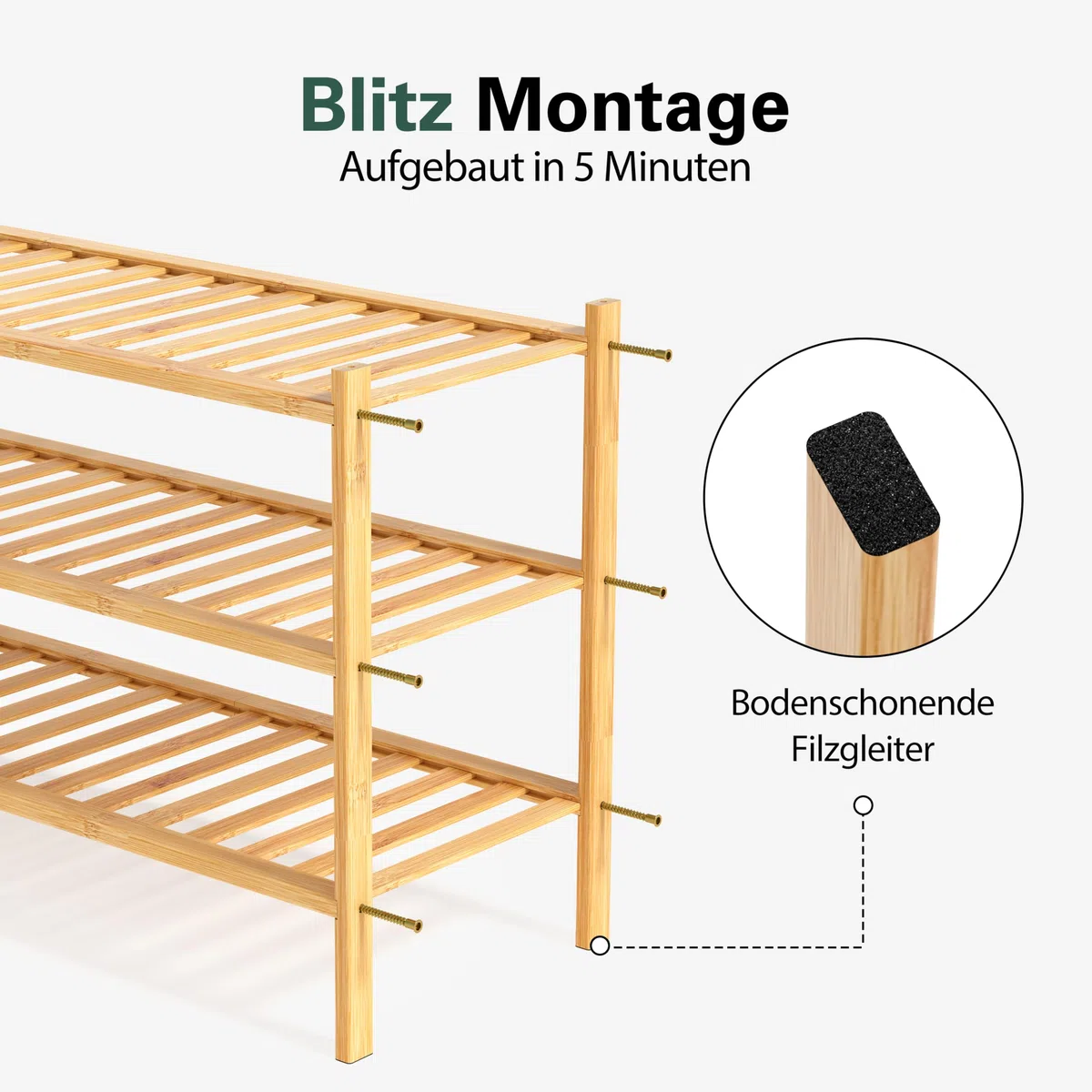 Bambus Schuhregal 3 Ebenen – Schuhschrank schmal platzsparend Holz 68x28x46 cm – Schuhablage Schuhaufbewahrung klein – Schuhständer für Flur Eingangsbereich (Bambus)