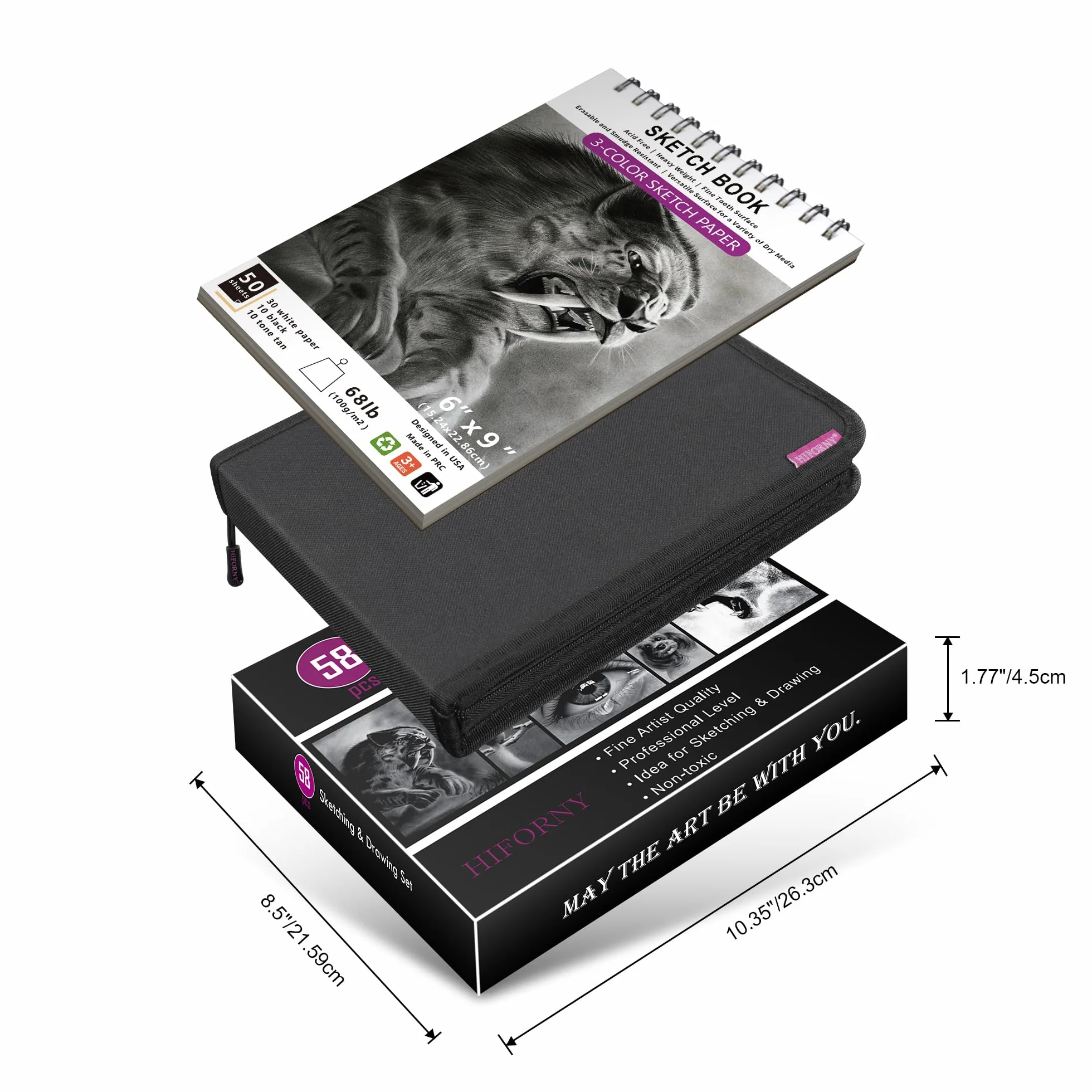 HIFORNY 58-teiliges Zeichenset, Skizzierstifte, Kunstzubehör mit 3-farbigem Skizzenbuch, Graphit, Anthrazit, Mischwerkzeuge, Zeichenstifte für Erwachsene, Künstler