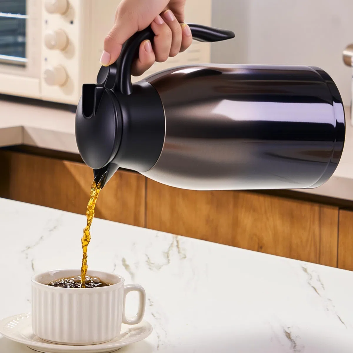 PARACITY 2L Isolierte Kaffeekanne aus Edelstahl, Zum Warmhalten, Doppelwandig Vakuumisoliert, Für Kaffee und Tee, Zuhause und Büro (schwarz)