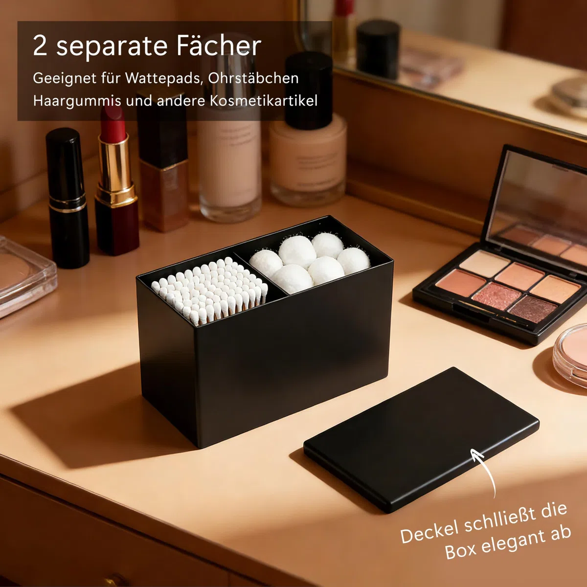 Wattestäbchen Behälter aus Edelstahl - Badezimmer Organizer für makeup, Kosmetik, Pinsel etc. - Aufbewahrungsbox mit Deckel - Schwarz matt - Wattepadspender - Wattepads aufbewahrung