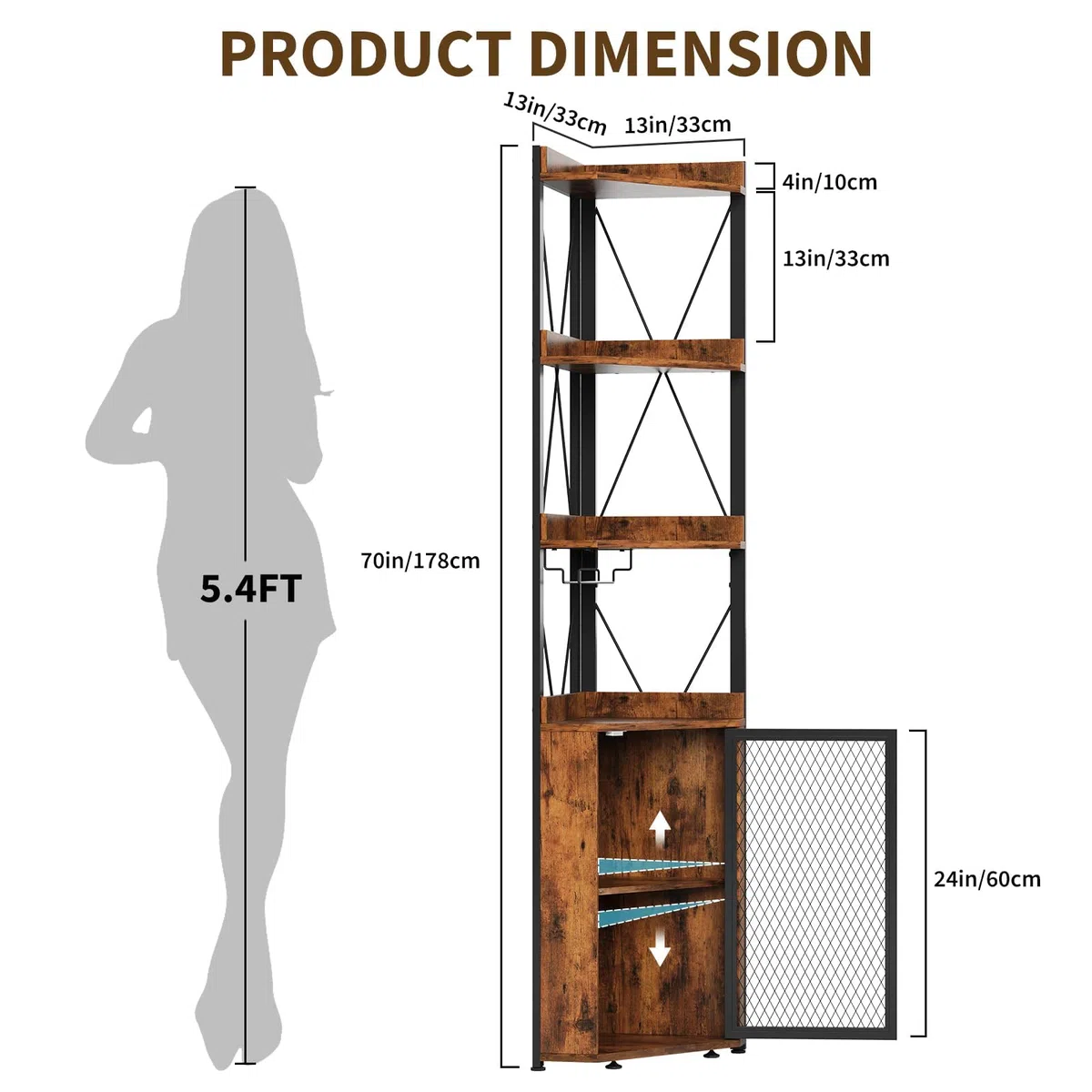 Garvee Eckregal Stehend Holz 178 cm, 5 Ebenen Eckschrank Schmal mit Weinflaschenhalter & Weinglasständer, Standregal mit X-förmigem Schutznetz, Weinschrank Barschrank für Wohnzimmer Küche, Braun