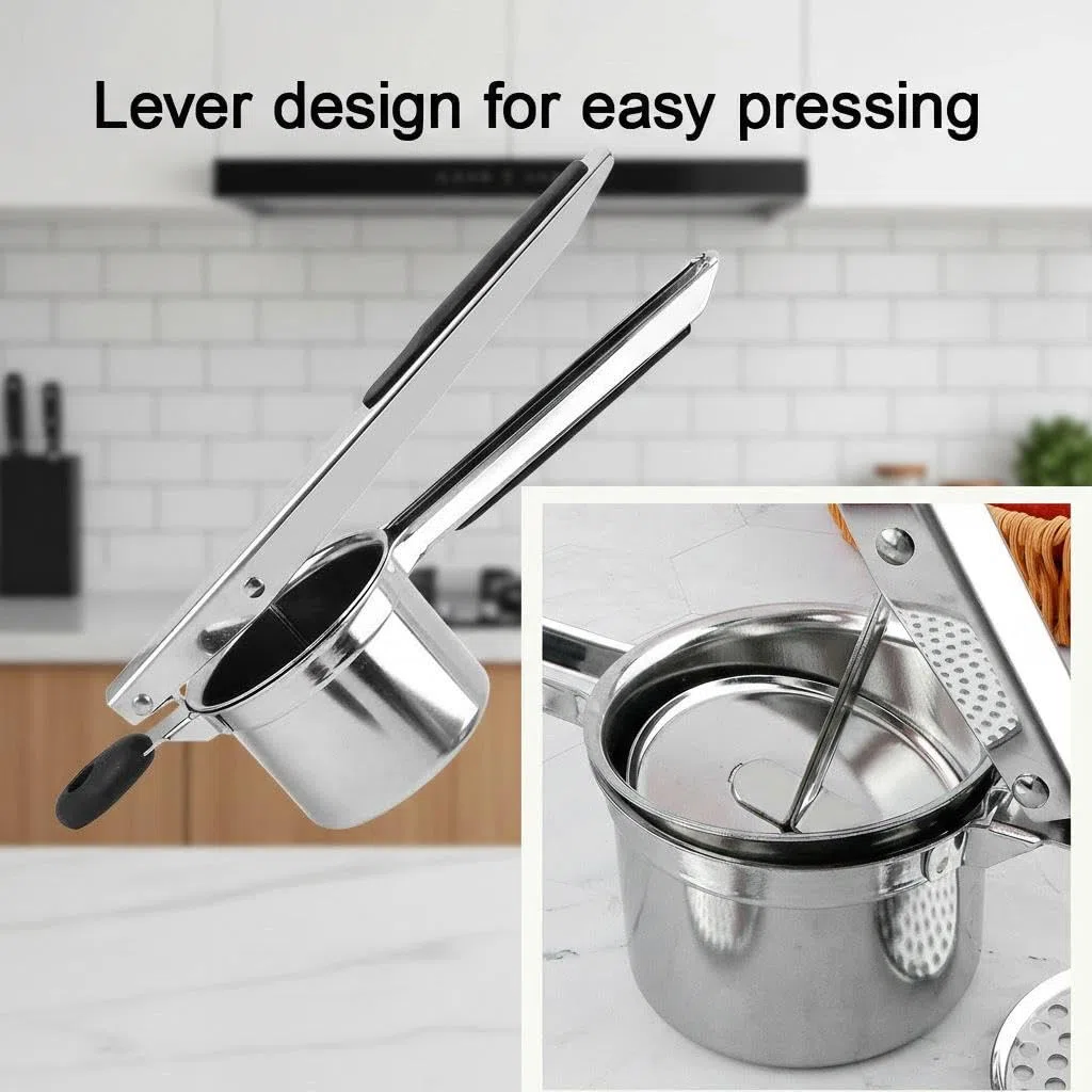 Kartoffelstampfer,Kartoffelpresse, mit 3 Austauschbare Sieb, Spätzlepresse Edelstahl für Cremiges Kartoffelpüree, Gemüsebrei, Spätzle und Lebensmittelrezept