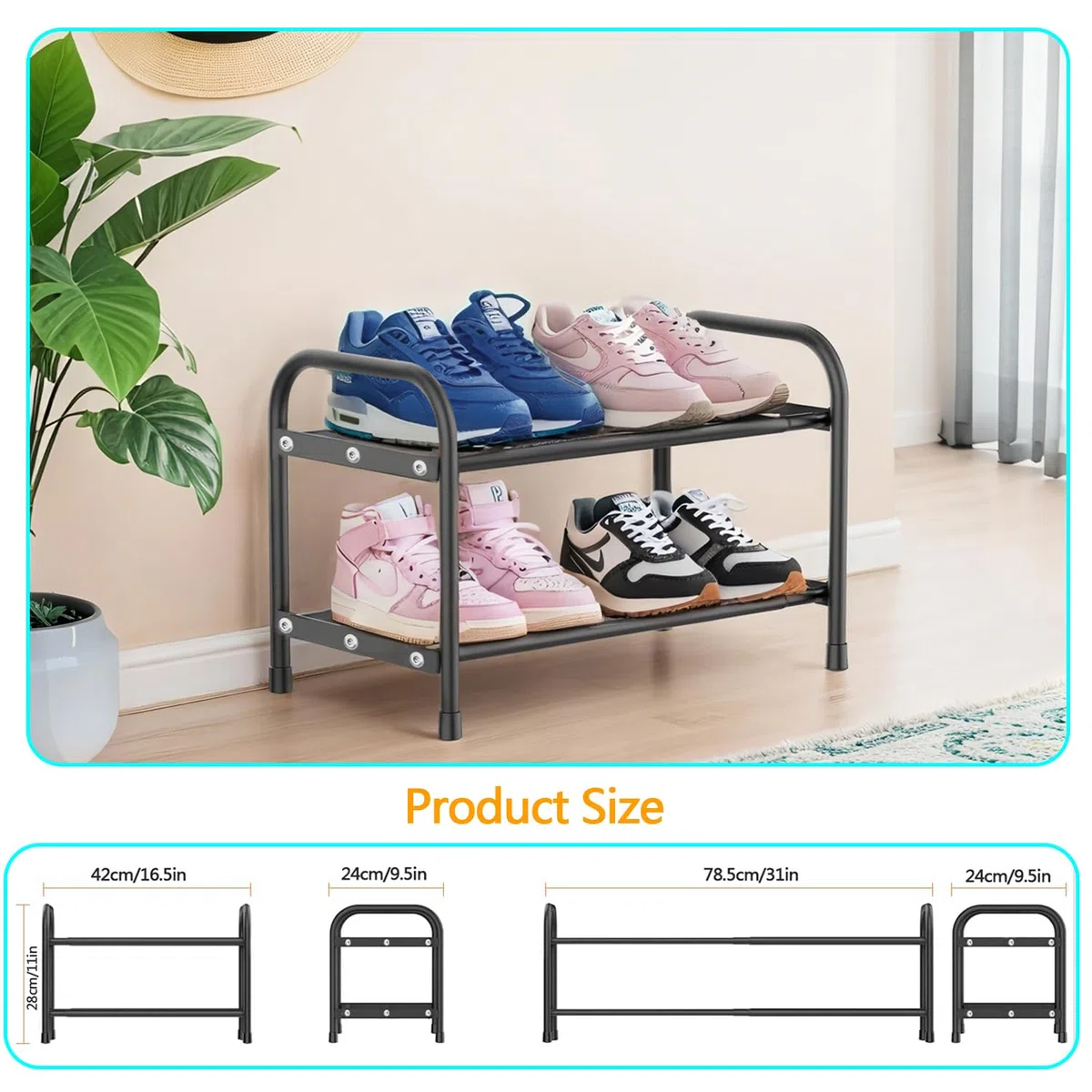 Schuhregal Schmal Ausziehbar Platzsparend Schuhregal Adjustable Expandable Klein Metall Schuhschrank Schwarz Schuhablage Schuhaufbewahrung DraußEn SchuhstäNder Diele Outdoor Camping Flur (2 Etagen)