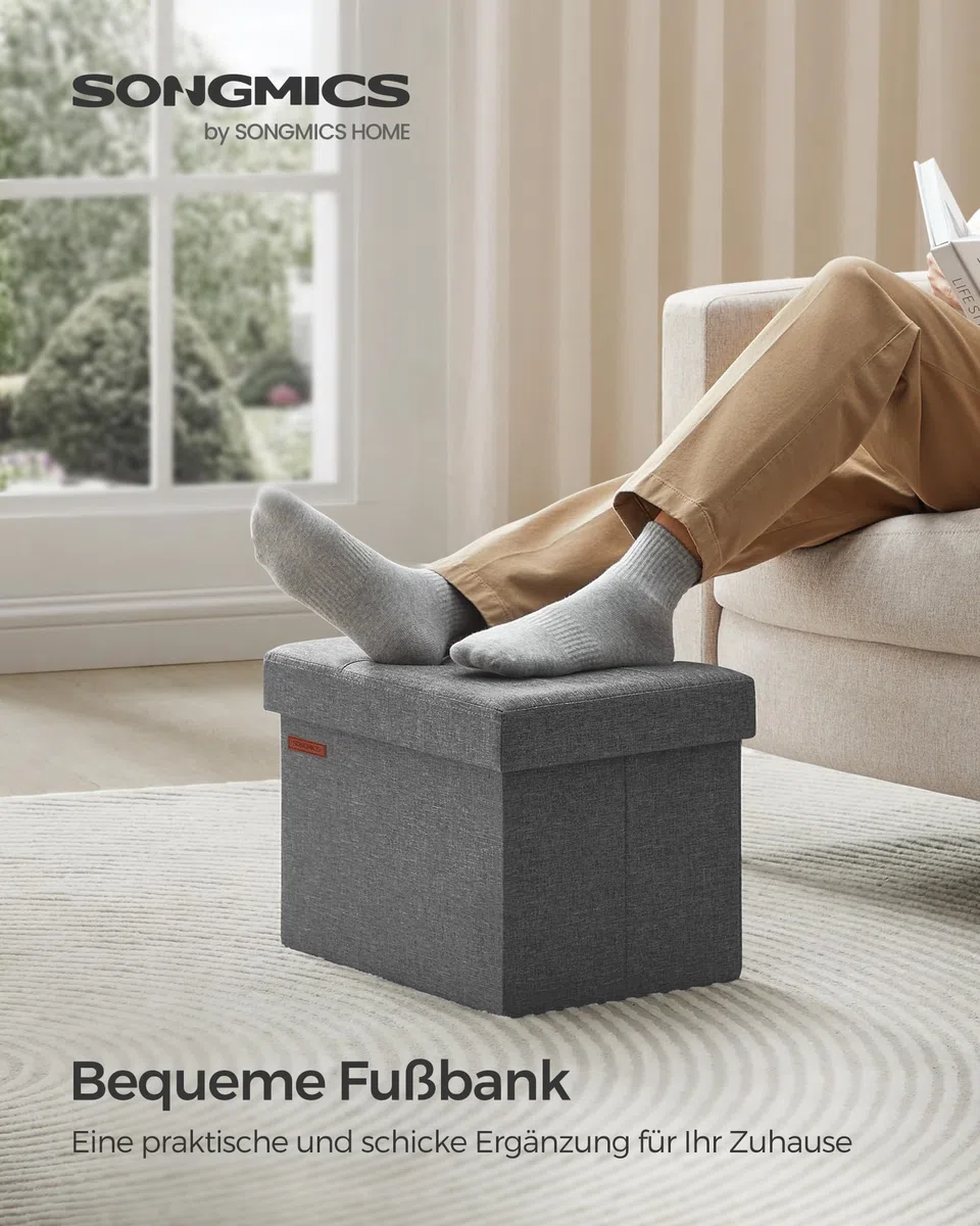 SONGMICS Sitzhocker mit Stauraum, kleine klappbare Sitzbank, 31 x 41 cm Fußbank, Aufbewahrungsbox, bis 130 kg belastbar, für Wohnzimmer Schlafzimmer Schlafsaal, dunkelgrau LSF102G01