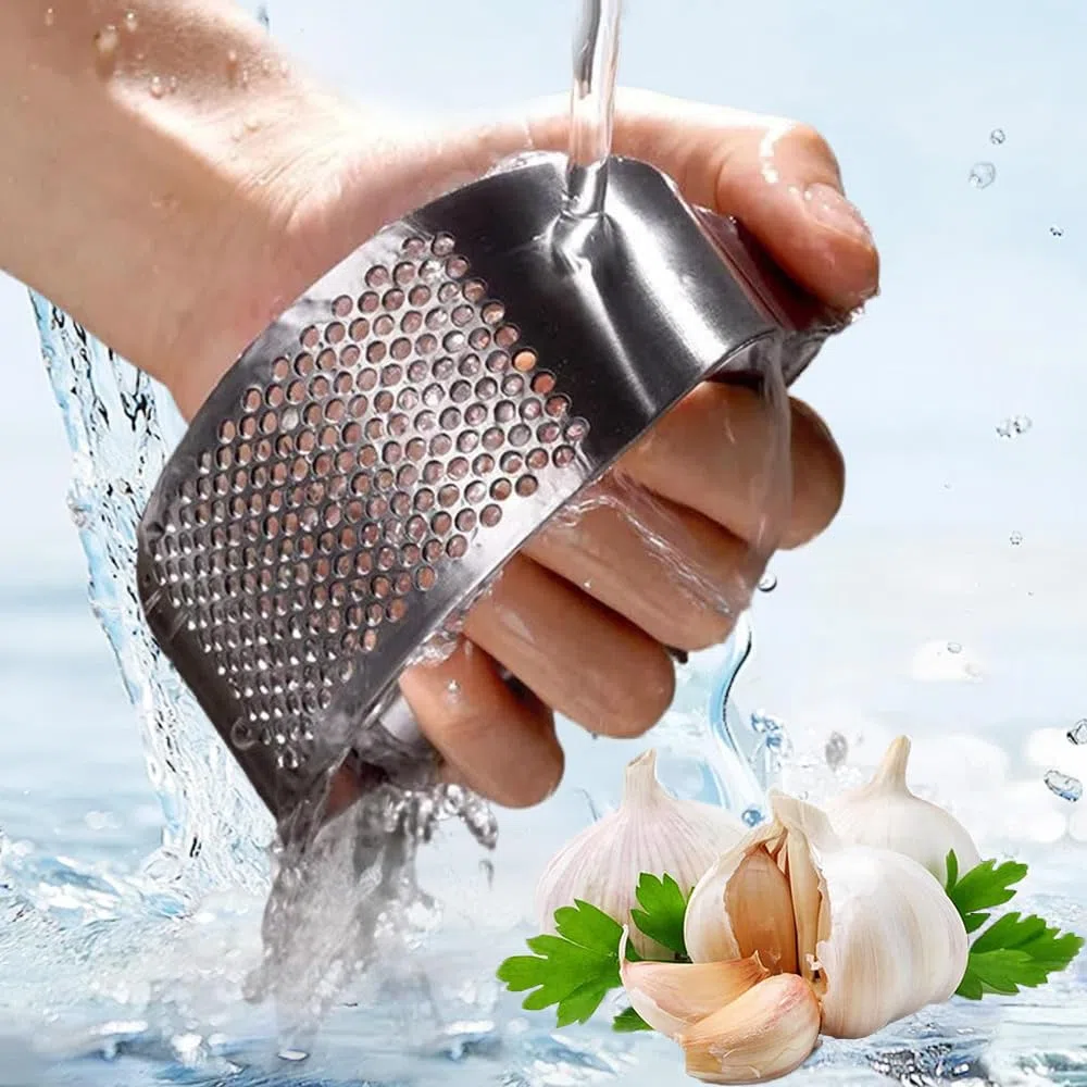Knoblauchpresse Edelstahl, Knoblauchpresse Wippe, Küchenhelfer Garlic Press mit praktischem Reinigungsbürstchen und Silikon Knoblauchschäler Set