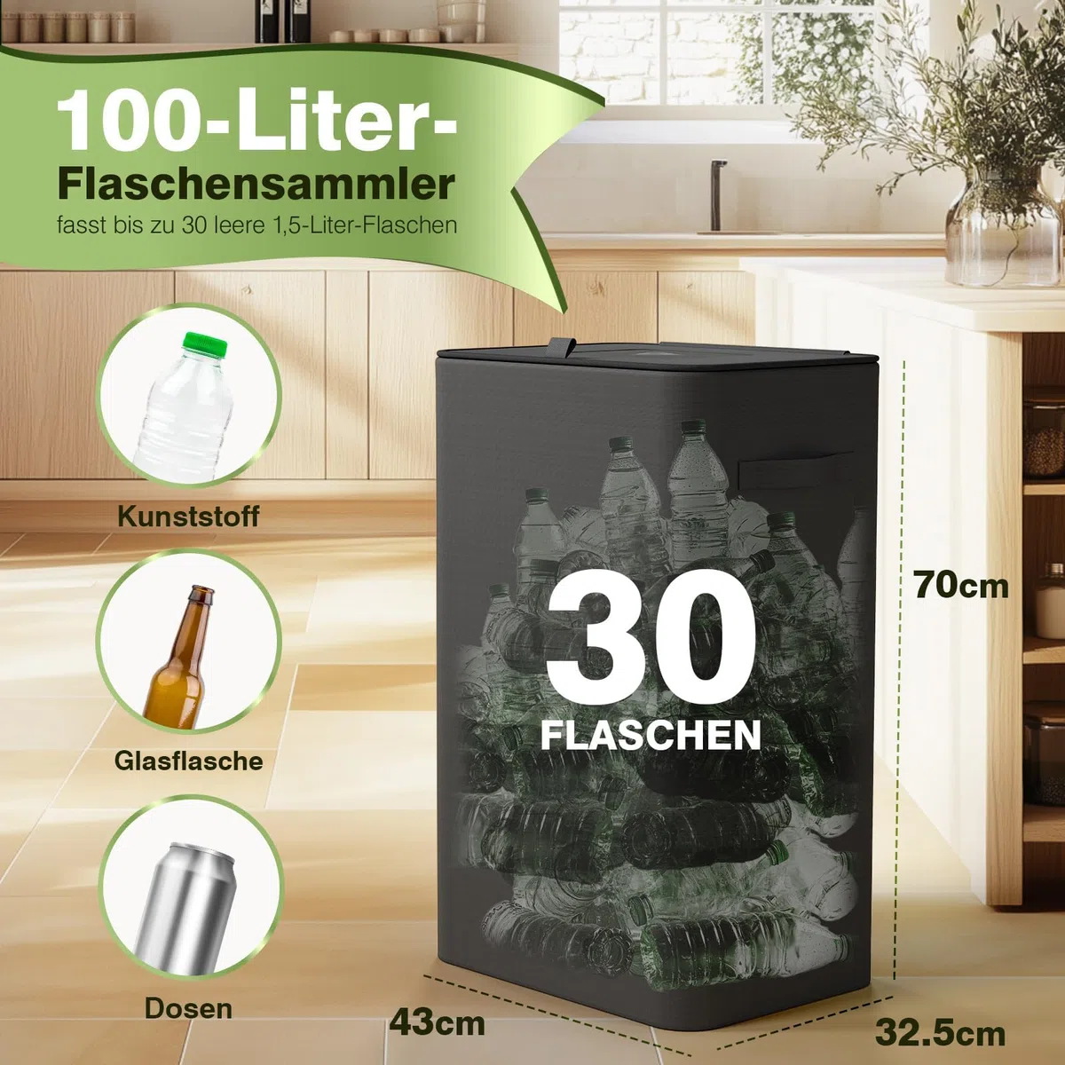 Bathola Pfandflaschen Sammelbehälter mit Deckel 100L, Groß Pfandflaschen Behälter mit 2 Tragetasche, Flaschensammler Leergut für Plastik- und Glasflaschen, Pfandbehälter mit Einwurf, Schwarz