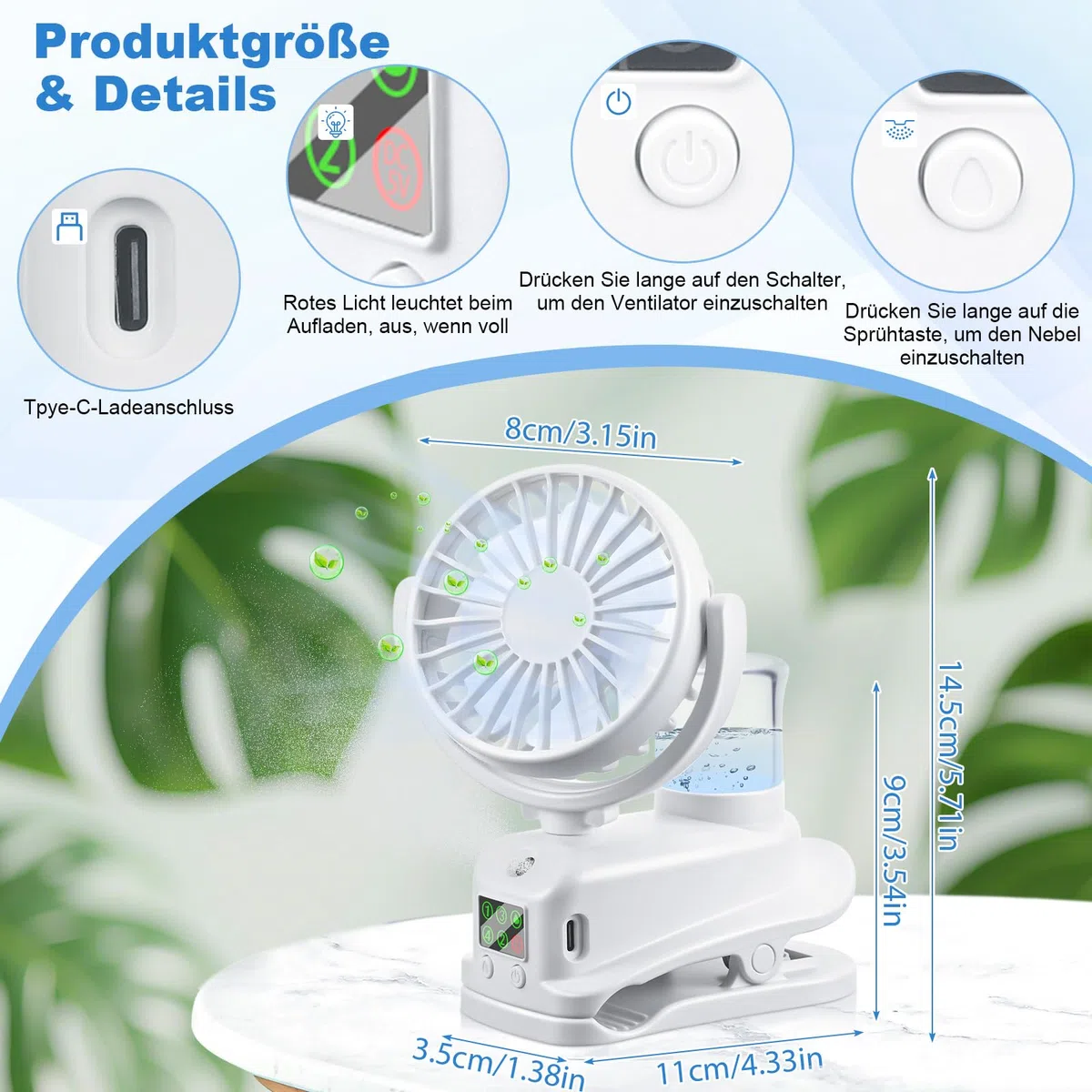 JIZZU USB Ventilator mit Wassernebel, 4 Geschwindigkeiten Wind Tischventilator mit Clip, Mini Ventilator, Verstellbare Tischventilatoren mit LED-Anzeige, Desktop Persönlichen Fans für Büro (Weiß)
