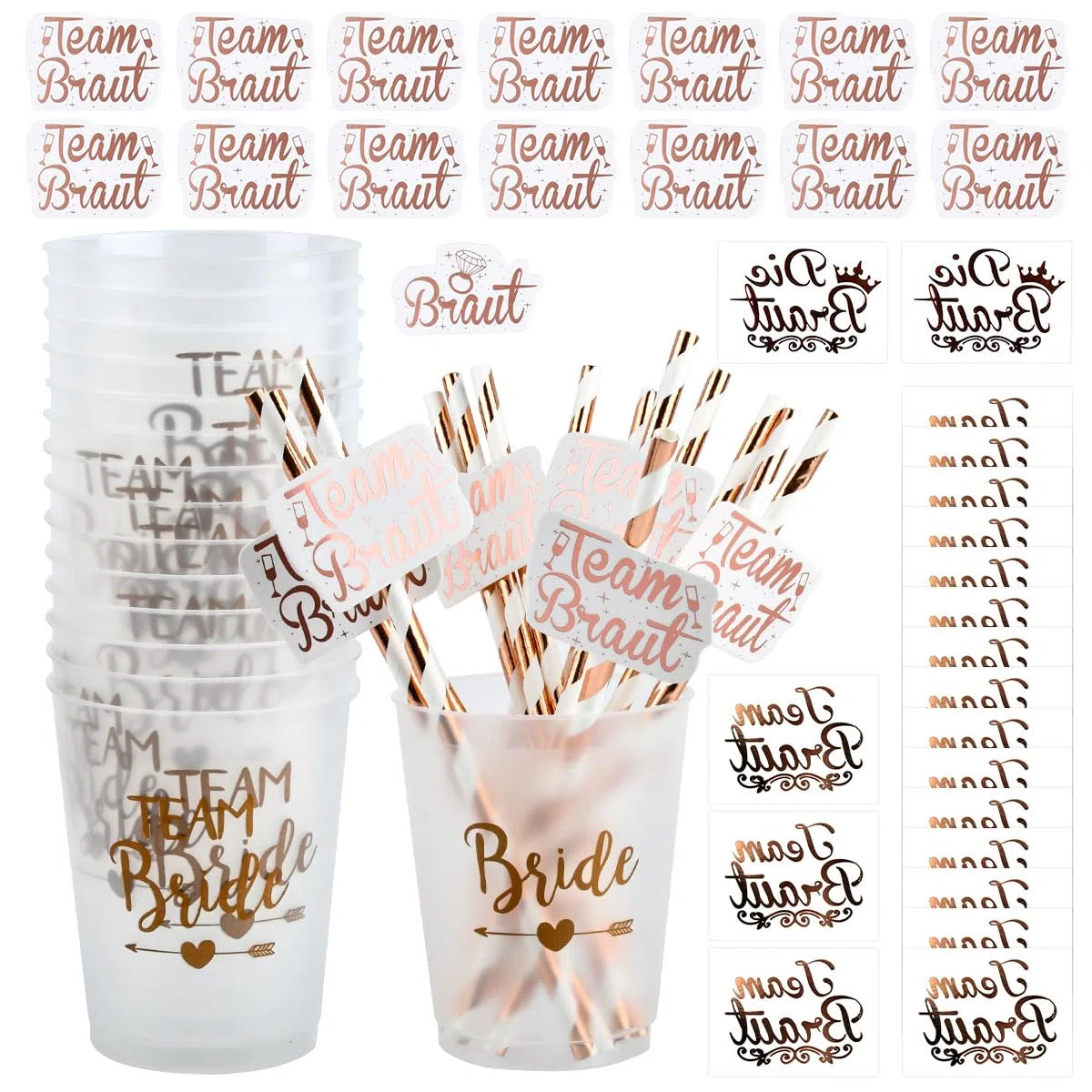 16 Set JGA Becher Braut Team Tassen,JGA Becher Bride Tribe Cups mit 16 Team Braut Strohhalme,20 JGA Bride to be Tattoo,Rose Gold Bridal Dusche Tassen,Bachelorette Party Cups für Verlobungsfeier