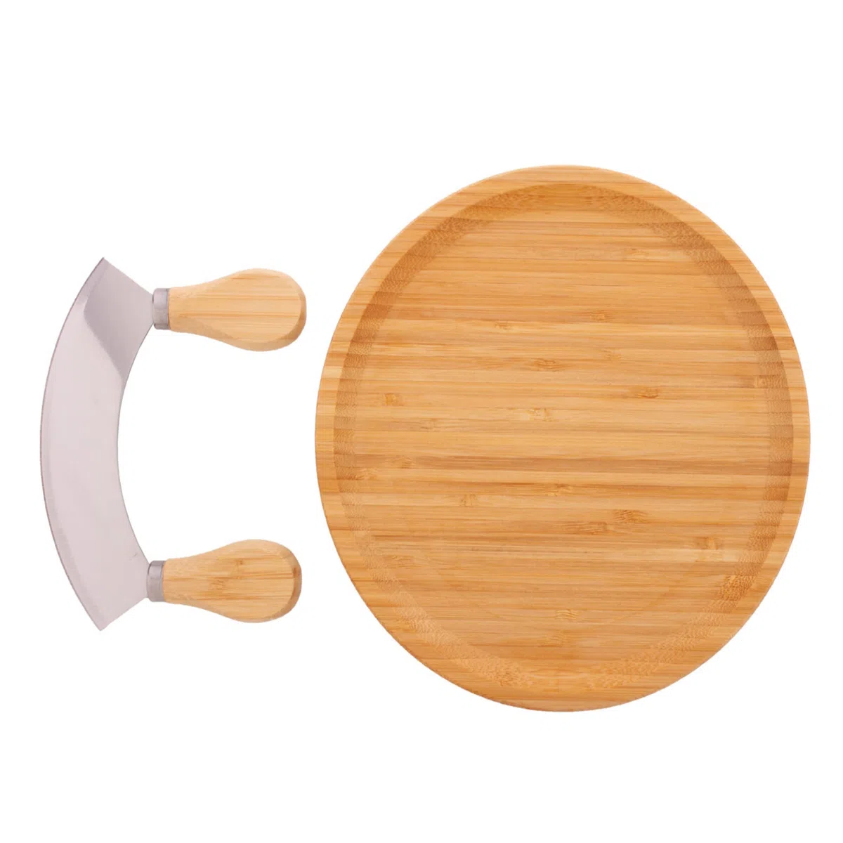 noTrash2003 Wiegemesser mit Brett - beidhändiges Kräutermesser mit Holzgriffen und einschneidiger Klinge für Kräuter und Gewürze mit Holzteller mit Mulde