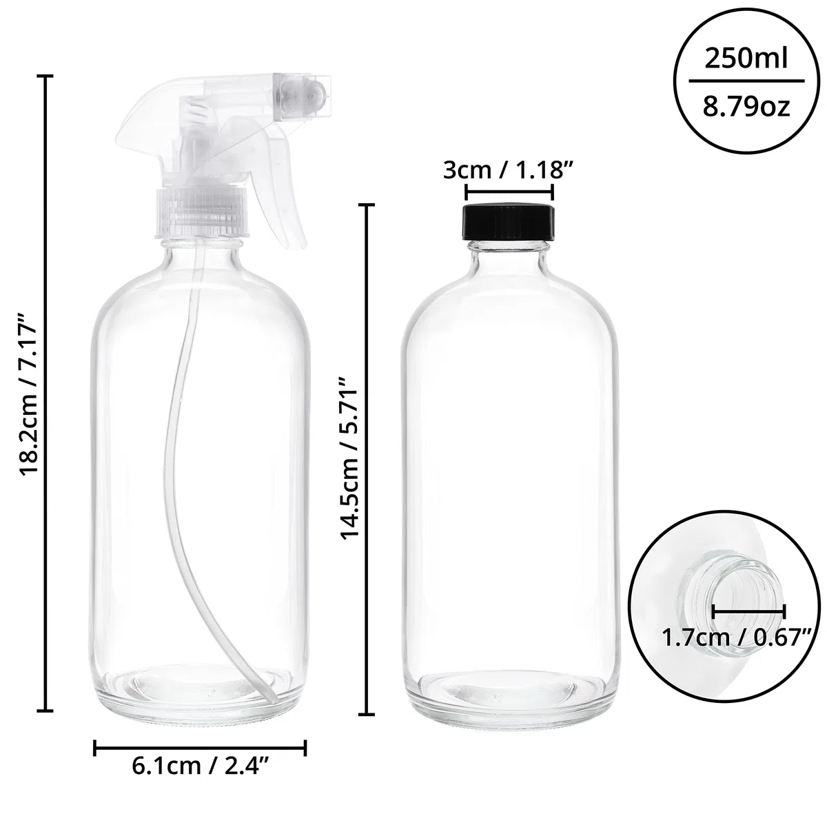 BELLE VOUS Leere Nachfüllbare Klare Zerstäuber Sprühflasche (3 Stk) - 250 ml - 2 Strahleinstellungen - Für Reinigungsmittel, Wasser, Aromatherapie & Ätherische Öle