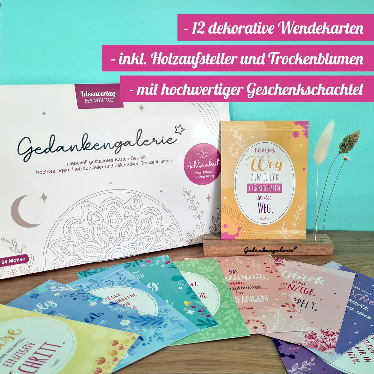 Ideenverlag HAMBURG Gedankengalerie – Achtsamkeits-Set mit 12/24 Affirmationskarten & Trockenblumen | Edler Holzaufsteller aus Eiche – Handgemacht in Deutschland – Frauen Geschenk & Deko für Frauen