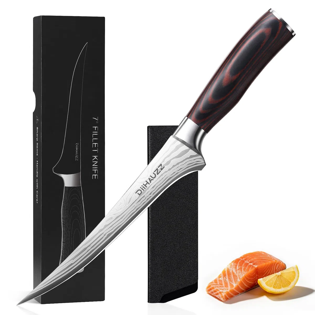 DiiHAUZZ 18 cm Filetiermesser, Profi Ausbeinmesser aus hochwertigem 5Cr15MoV Hochkohlenstoff-Edelstahl, Scharfes Fischmesser mit Ergonomischem Pakkaholzgriff, Fischfiletiermesser für Hobbyköche&Profis