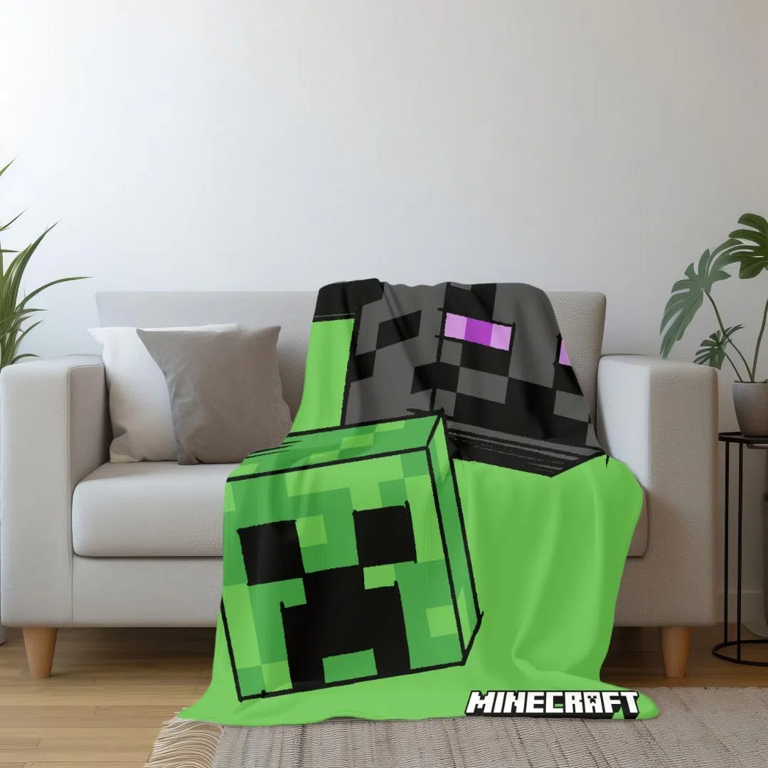 Minecraft Gamer Decke, Polyester, Grün mit Creeper Design, Pflegeleicht, 100x150cm, für Gaming und Kinderzimmer (Grün)