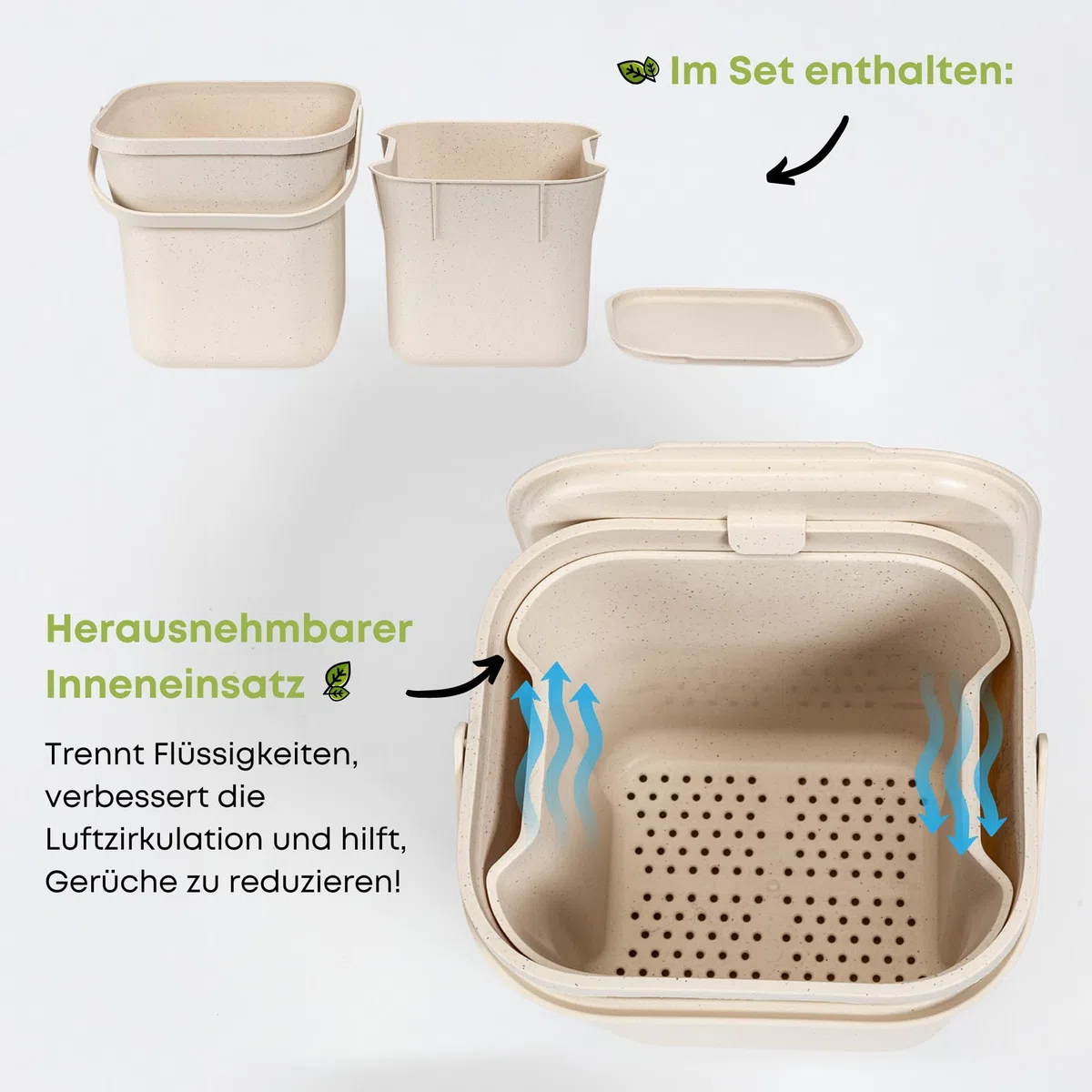 Urbalive Design Biomülleimer Küche 8L mit herausnehmbarem Sieb - Komposteimer Küche mit Deckel - Kleiner Mülleimer für alltäglichen Biomüll - Spülmaschinenfest, mit Kaffeesatz-Beimischung hergestellt