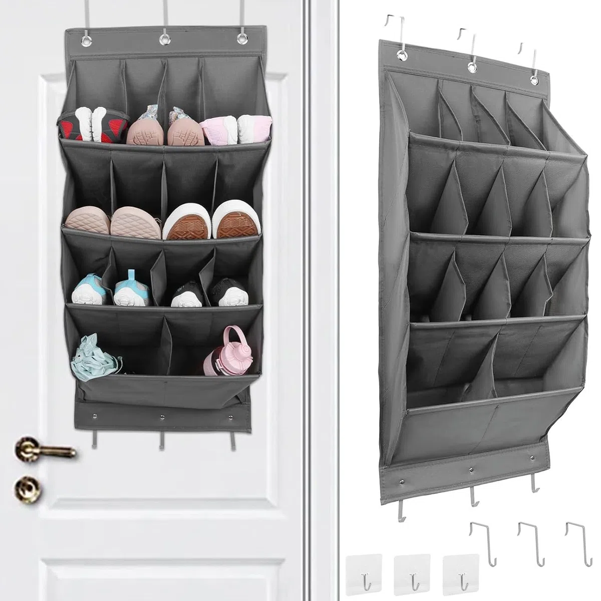 Schuhorganizer Hängend, Schuhaufbewahrung Tür mit 14 tiefen Taschen, Schuhregal Tür Hängend mit 3 Metallhaken und 3 Haken Selbstklebend für Schuhe, Wohnaccessoires (Grau 14 Raster)