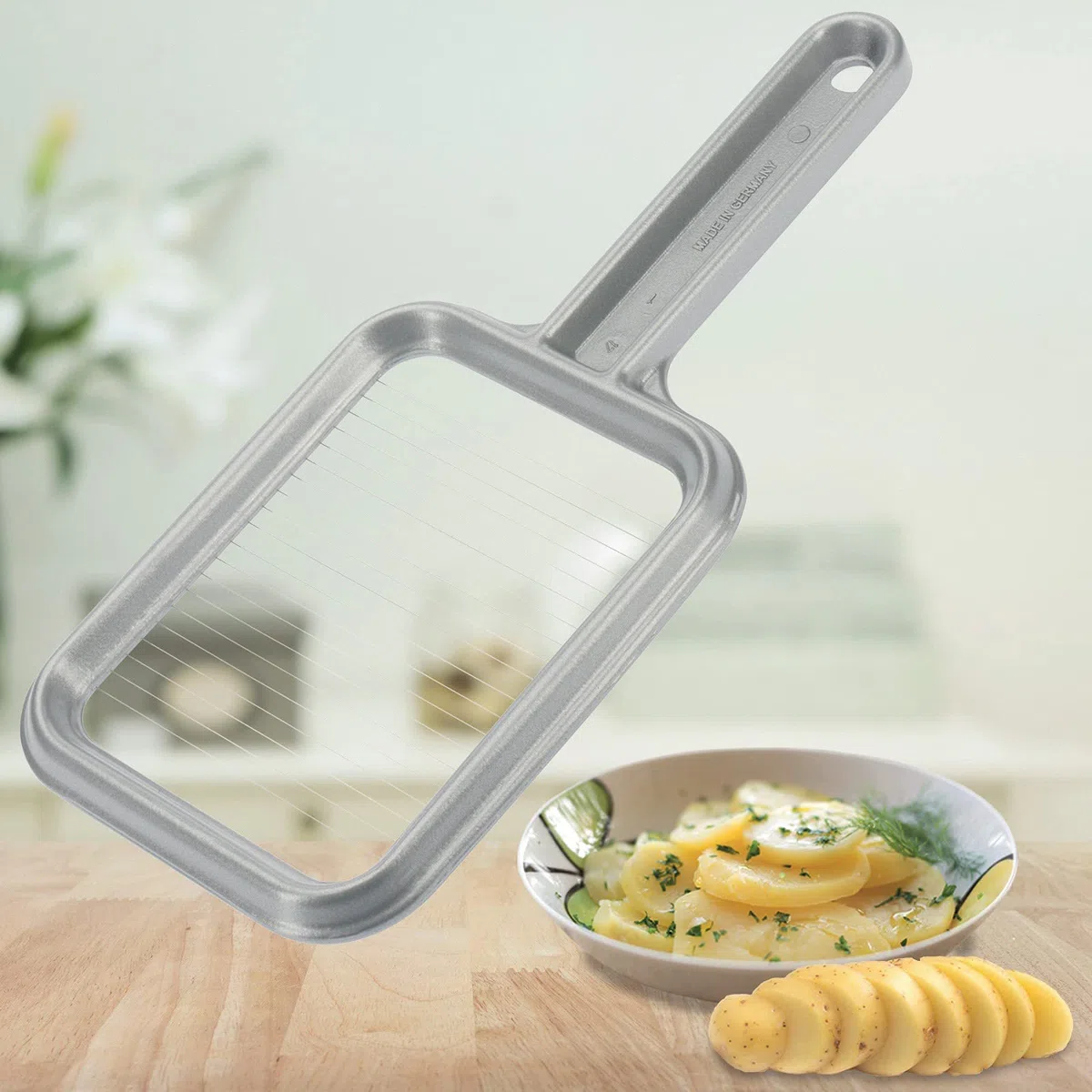 Westmark Pellkartoffel- und Mozzarella-Schneider, Retro-Verpackung, Aluminium/Rostfreier Edelstahl, Rondex, Grau, 6080RT60, 25.8 x 11.4 x 1.2 cm