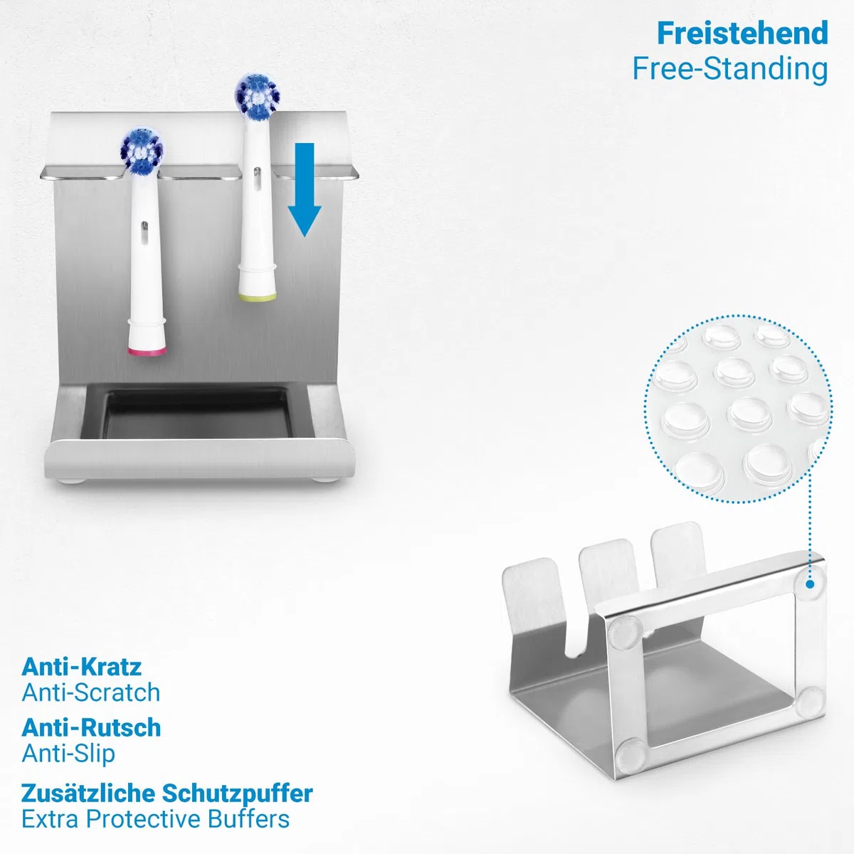 Siegvoll Edelstahl Zahnbürstenhalter für Oral-B, iO, Philips Sonicare, usw. | Aufsteckbürsten Halter mit Auffangschale | Bürstenkopf-Halterung für 2er elektrische Zahnbürstenkopf