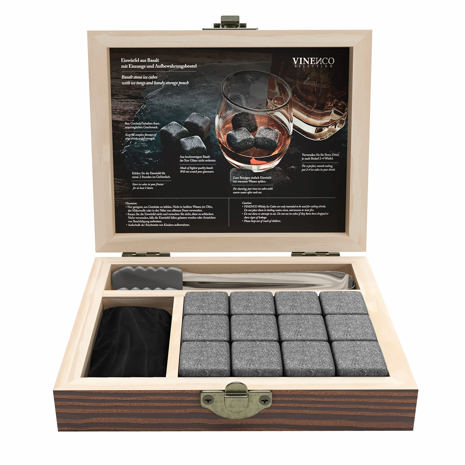 Whisky Steine Set - 12 Wiederverwendbare Basalt Eiswürfel, Zange + Stoffbeutel, Whiskey Ice Cubes Kühlsteine Bar Zubehör Cocktail Rocks Gin Stones Dekorationszubehör Geschenk Whiskysteine