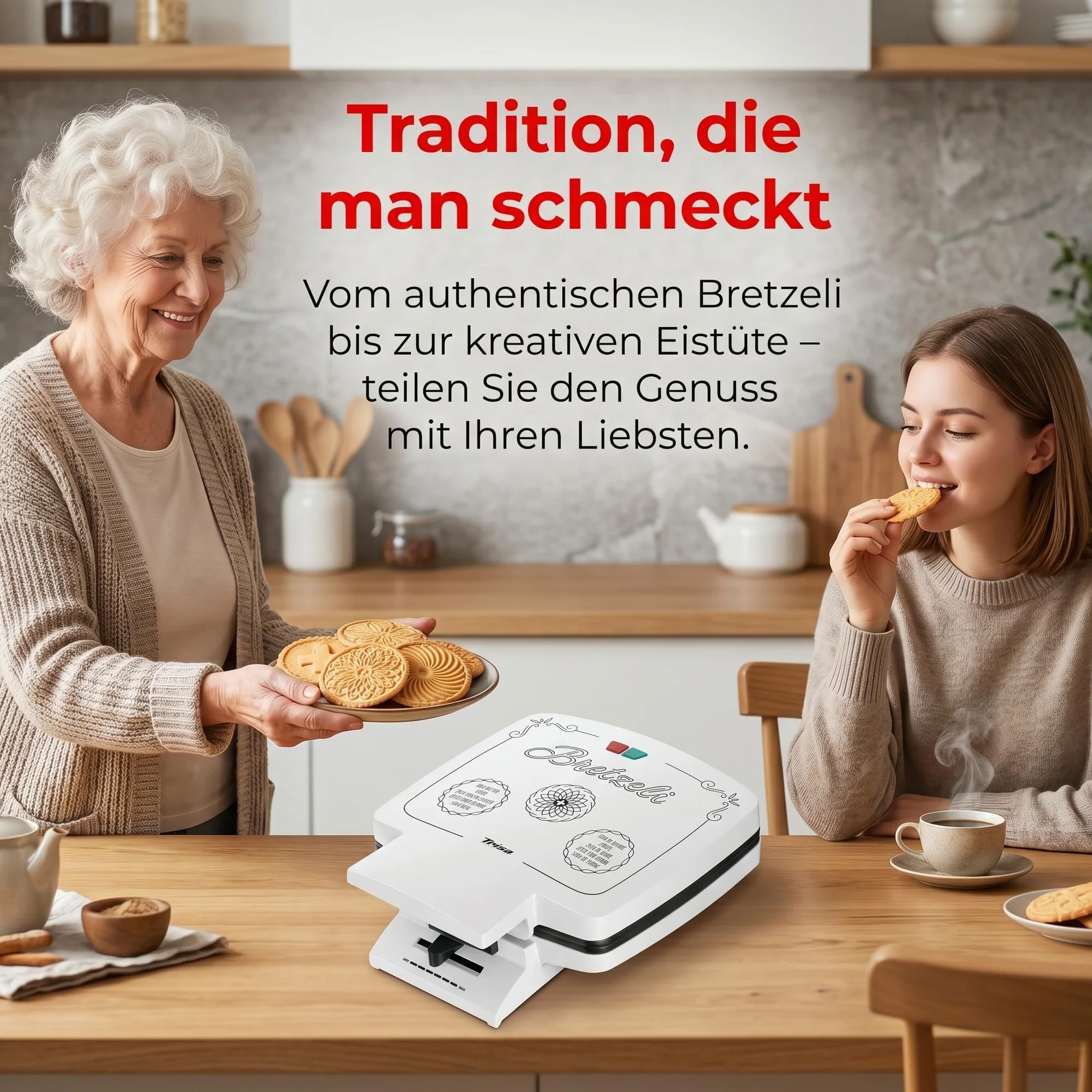 Trisa Bricelet Classique - Schweizer Bretzeli-Eisen 1000W, Premium Hörnchenautomat für 4 Waffeln mit edlen Motiv-Prägungen, Eiswaffel Maker inkl. Hörnchenformer & Rezept auf dem Deckel, Weiß