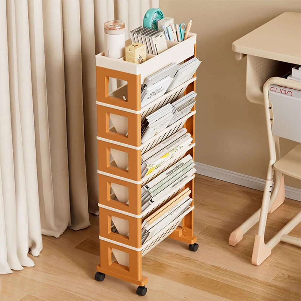 NUODWELL Mobiles Bücherregal mit Rollen, abnehmbarer Kunststoff-Aufbewahrungs-Organizer, Kinder-Bücherregal, großes Fassungsvermögen, Zeitschriftenständer, Buchwagen, Rollwagen für Büro, Wohnheim,