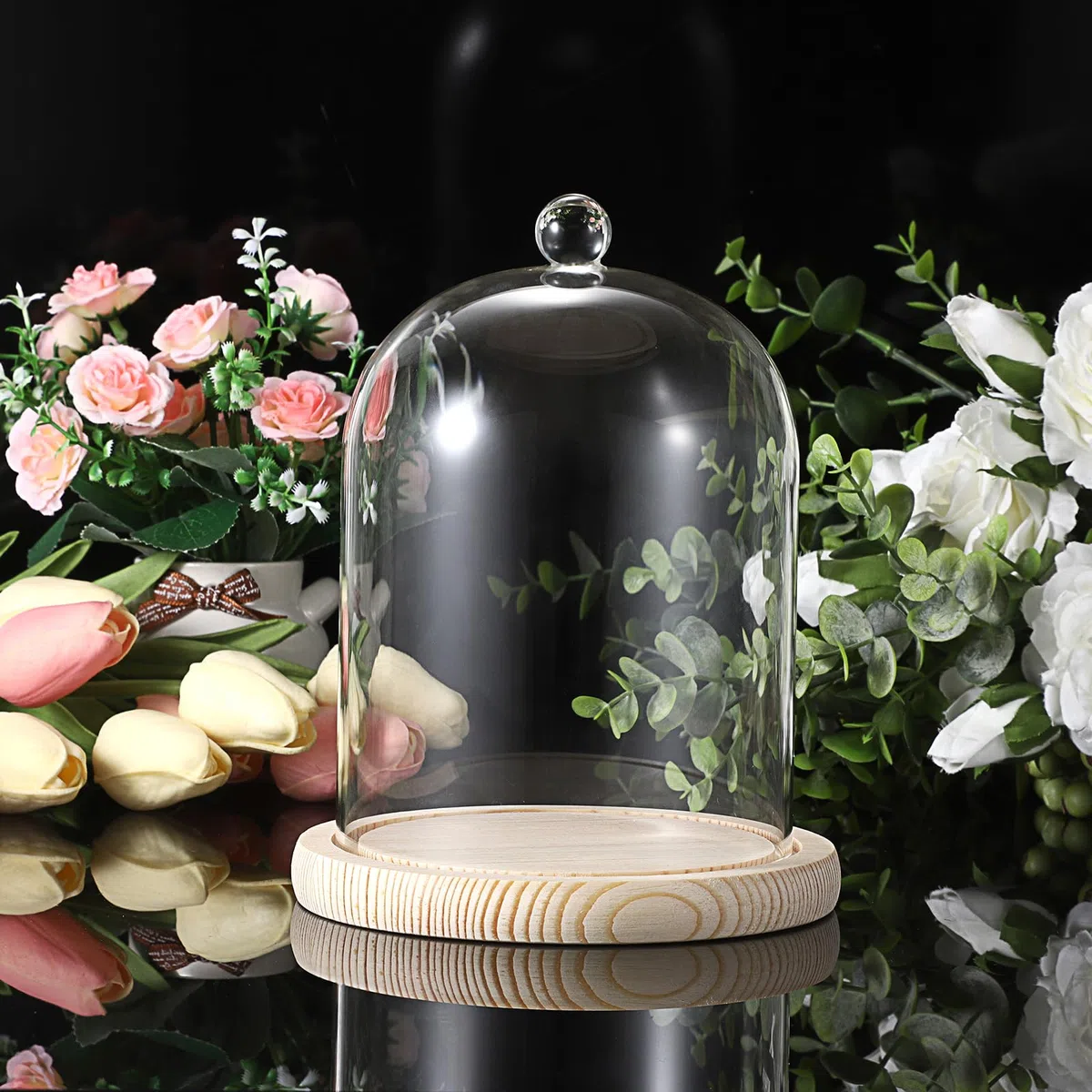 Glaskuppel mit Natürlichen Holzsockel, Griff Robust Dekoration für Rosa Aromatherapie Kerzenständer Lichtketten als Deko Geschenk für Ehefrau Tochter Mutter im Hochzeit Valentinstag Weihnacht